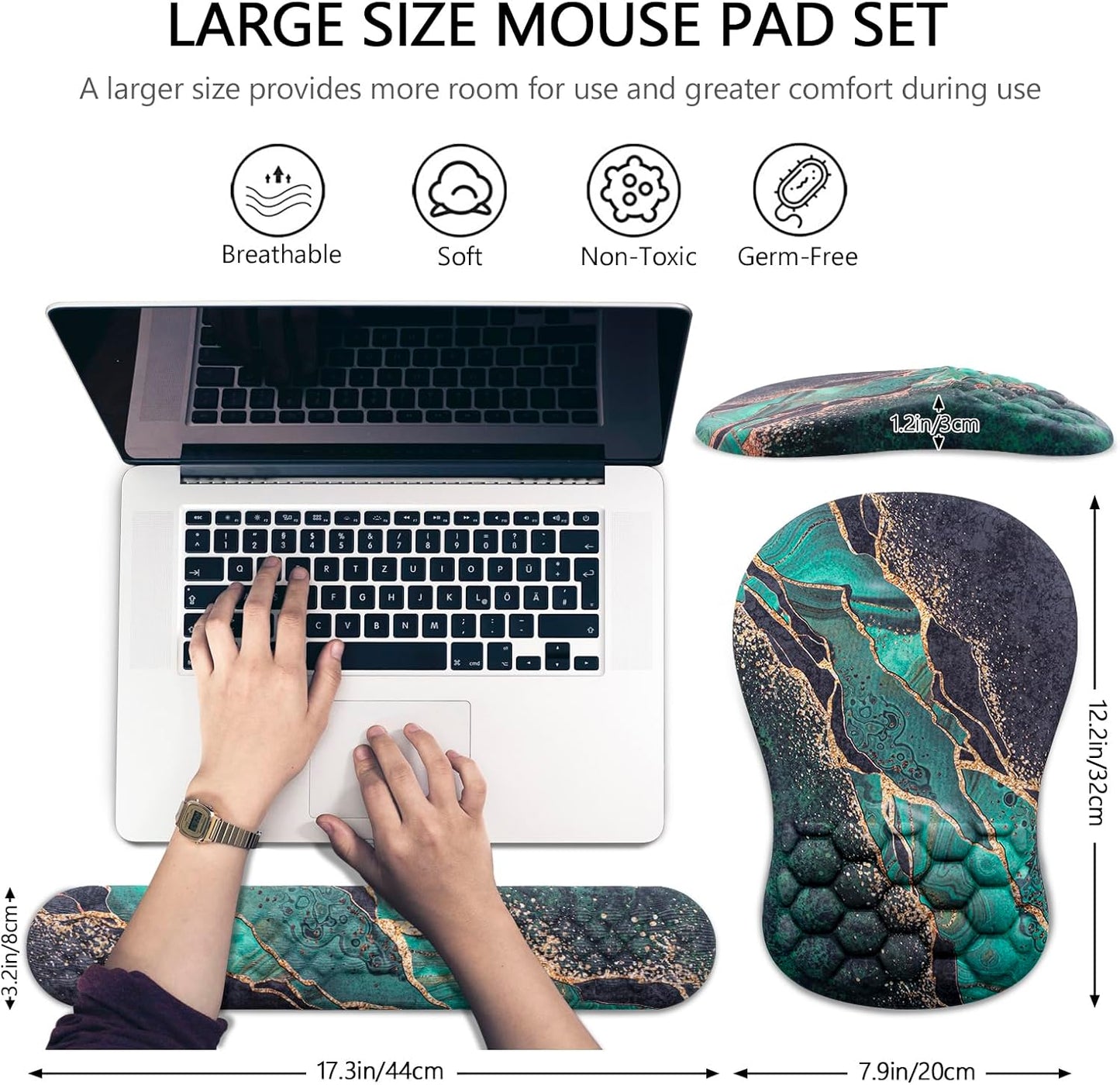 Mouse Pad Wrist Support, Laokiiy 2 in1 Keyboard Wrist Rest+ Ergonomic Mouse Pad, Non-Slip Wrist Rest for Computer Keyboard, Made Easy Typing & Relieve Wrist Pain（Green Gold Black Marble）