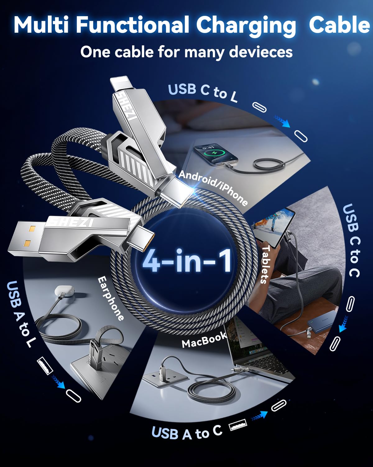 [One is Enough] 4-in-1 Compatible with USB C to Lightning Cable, 60W High-Speed Charging & Fast Data Transfer,CarPlay & Android Auto Support Multi Charger Cord Combo for iPhone/Samsung/iPad,10FT