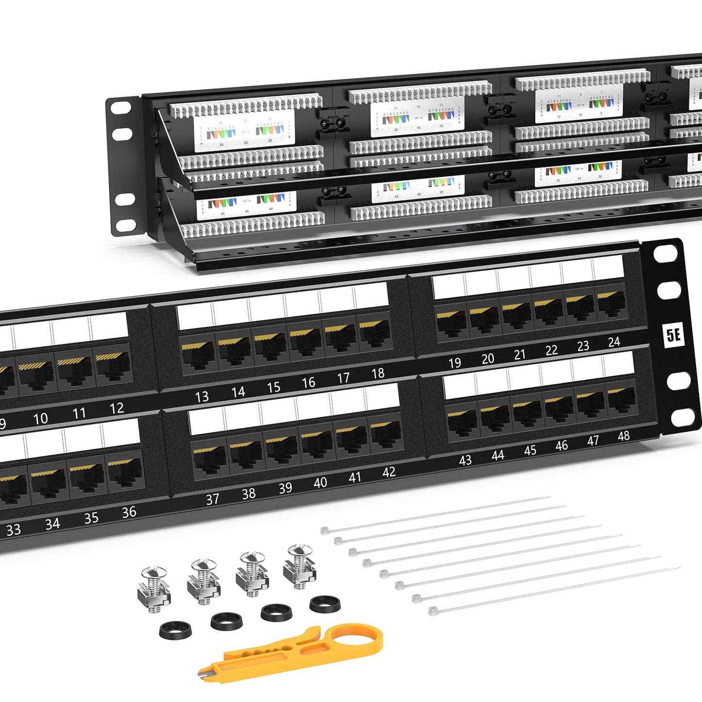 AMPCOM Premium Series CAT5/5e 48 Ports Patch Panel, Rack Mount - 2U, 19 inch, RJ45 Ethernet 568A 568B, 30u Gold Plated, with Rear Cable Support Bar