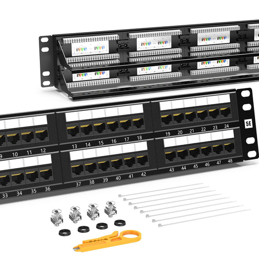 AMPCOM Premium Series CAT5/5e 48 Ports Patch Panel, Rack Mount - 2U, 19 inch, RJ45 Ethernet 568A 568B, 30u Gold Plated, with Rear Cable Support Bar