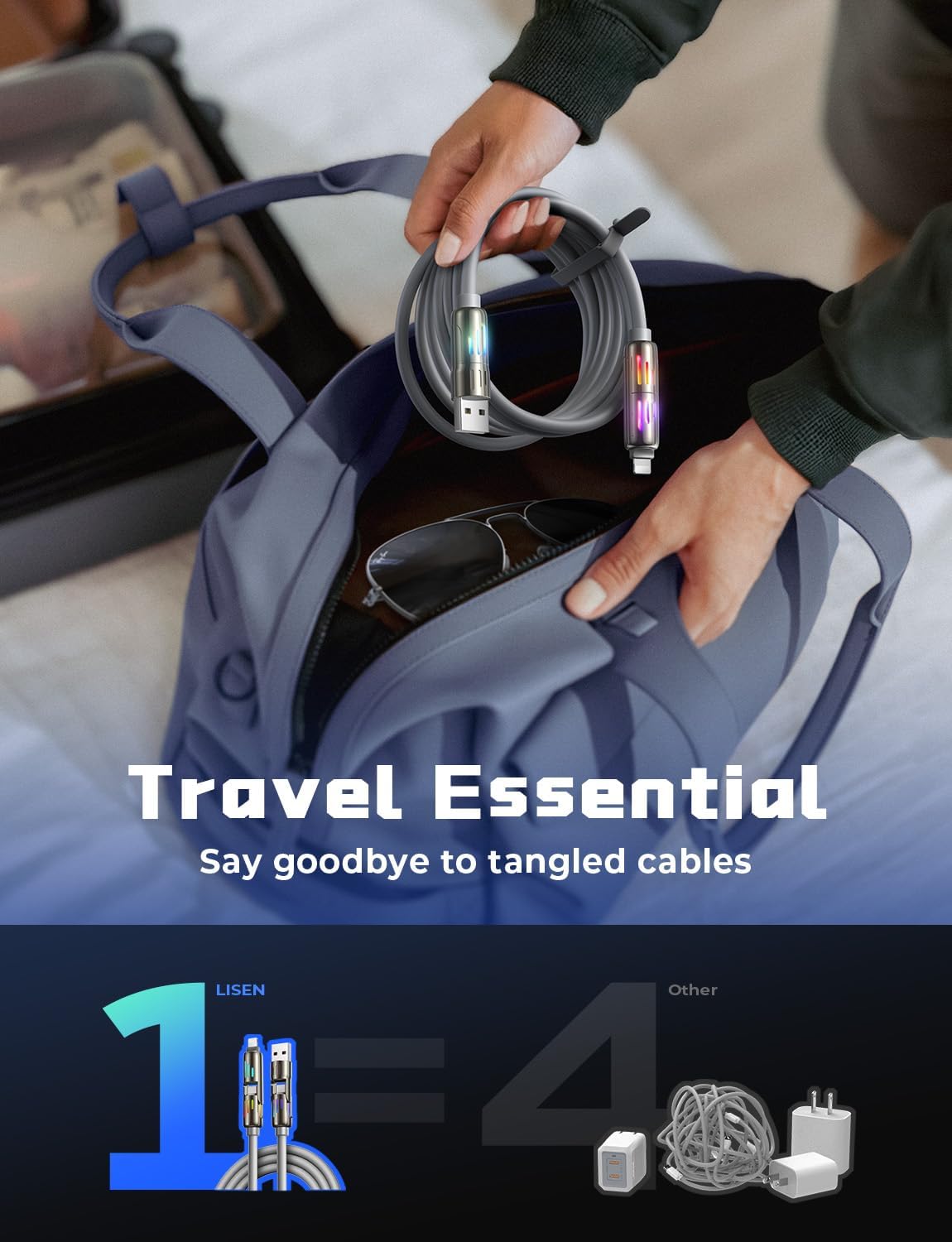 LISEN Car Carplay Cable for iPhone 15/16e/16 Pro Max/Plus(3.3FT), 4 in 1 Chubby USB C with Light, USB A/C to C/L Multi Charging Cable for 14 13 12/MacBook/iPad Pro/SamSungS25,Grey