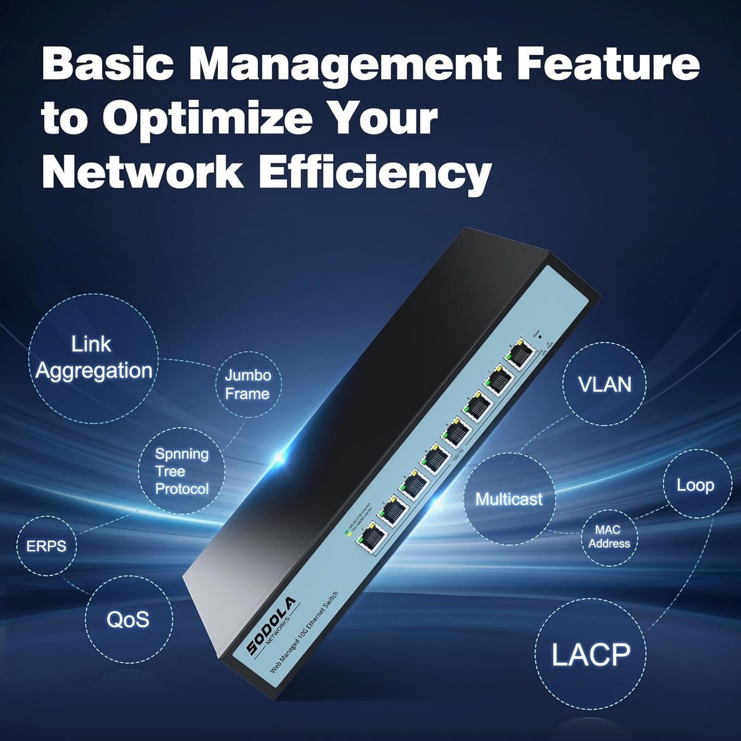 SODOLA 8 Port 10Gb Easy Web Managed Switch, 8 x 10G RJ-45 Ports, 160Gbps Bandwidth, Support LACP, VLAN, QoS, 10G/5G/2.5G/1000M/100M Auto-Negotiation, Multi-Gigabit Managed Ethernet Switch