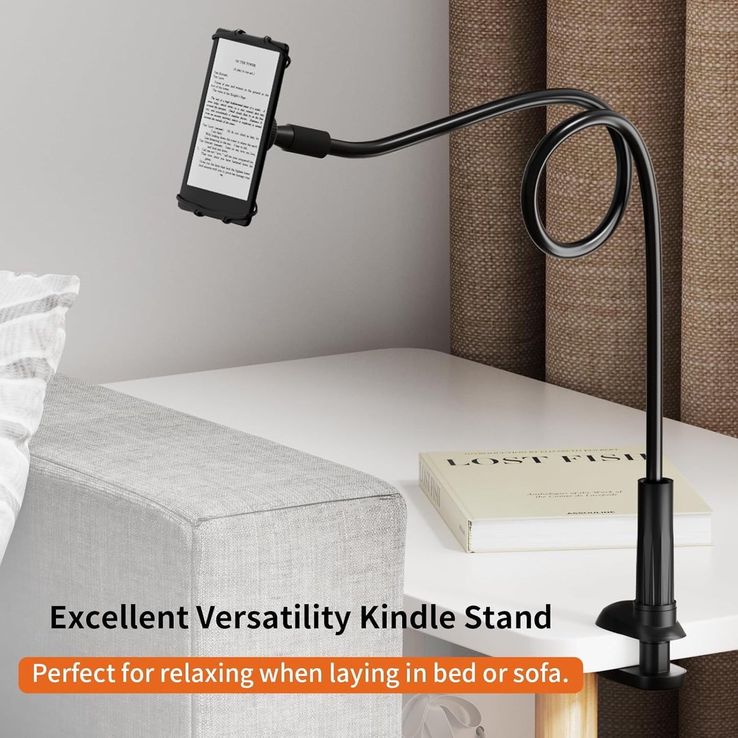 Gooseneck Kindle Holder for Reading in Bed - [Anti-Slip] Phone Holder for Bed, Kindle Paperwhite Stand Accessories, Overhead Cell Phone Clamp Mount for Desk, for Tablets 4-10 inches