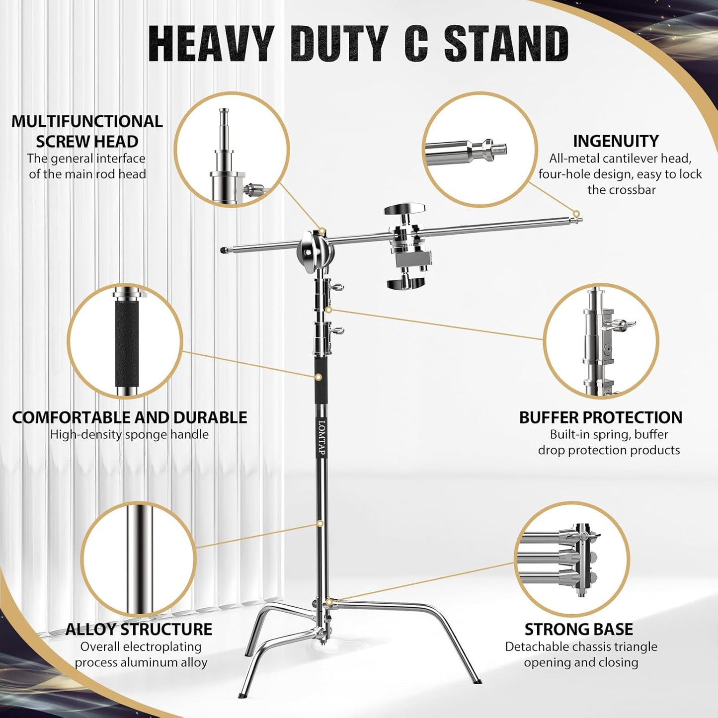 LOMTAP C Stand Light Stand Stainless Metal Photography Kit - Heavy Duty 10.8ft/330cm Vertical Pole, 4.2ft/128cm Boom Arm, Adjustable Base, Water Sandbag, 2 Grip Heads, 3 Clips for Softbox, Reflector