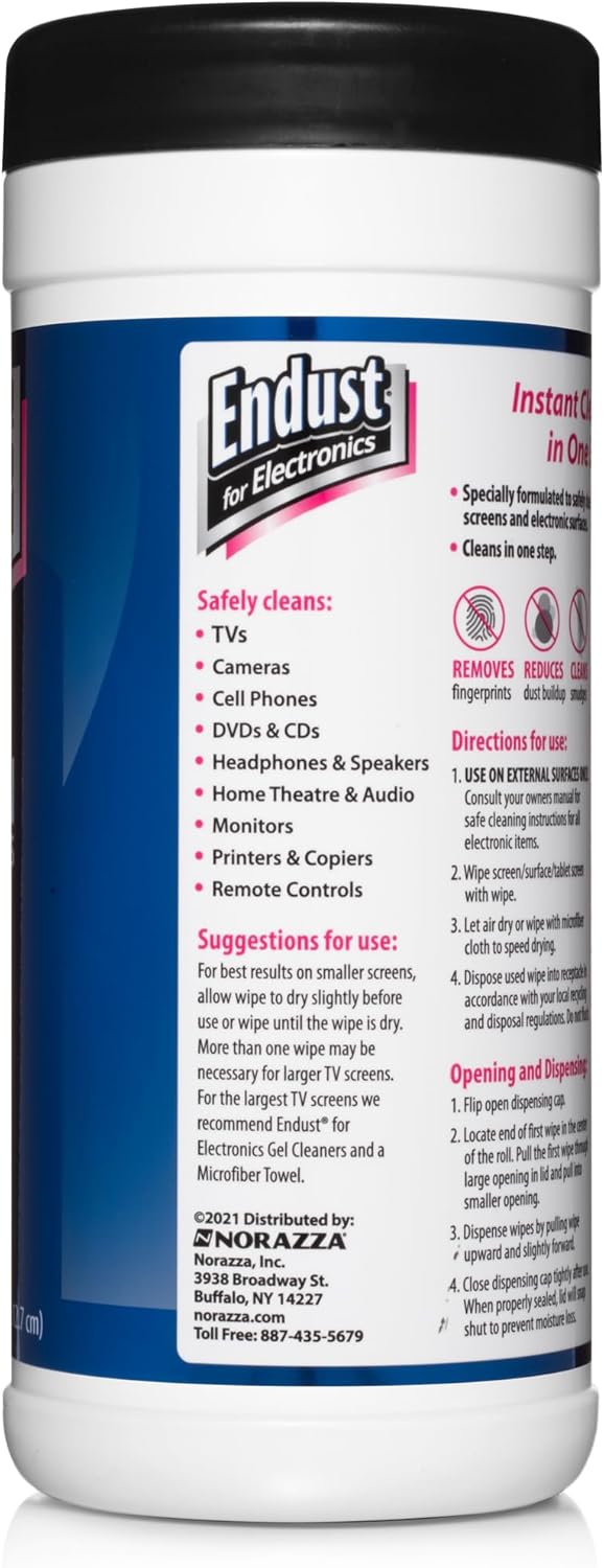Endust For Electronics; Screen & Surface Cleaning Wipes, For TV, Phone, Computer Monitor, Laptop, Tablet, Pre-Moistened, Alcohol and Ammonia Free, 70 Count, 6 Pack (11506P6)