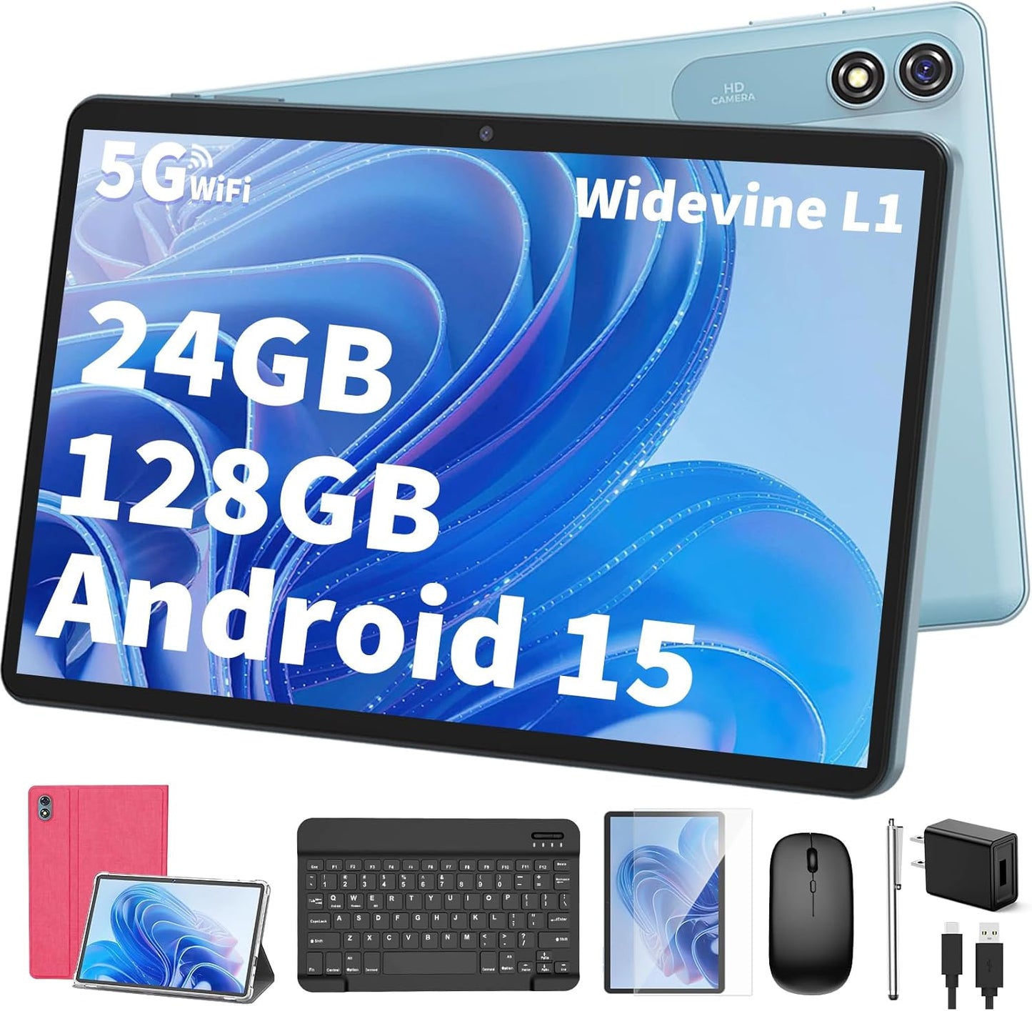 Android Tablet with Keyboard,10 inch Android 15 tablet, 24GB RAM 128GB ROM, 1TB Expand, Octa-Core, Widevine L1, 2.4G/5G WiFi, 8000mAh, Bluetooth, GMS, 2 in 1 Tablet with Case, Mouse, Stylus（Pink)