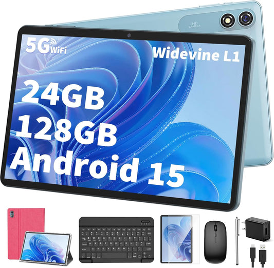 Android Tablet with Keyboard,10 inch Android 15 tablet, 24GB RAM 128GB ROM, 1TB Expand, Octa-Core, Widevine L1, 2.4G/5G WiFi, 8000mAh, Bluetooth, GMS, 2 in 1 Tablet with Case, Mouse, Stylus（Pink)