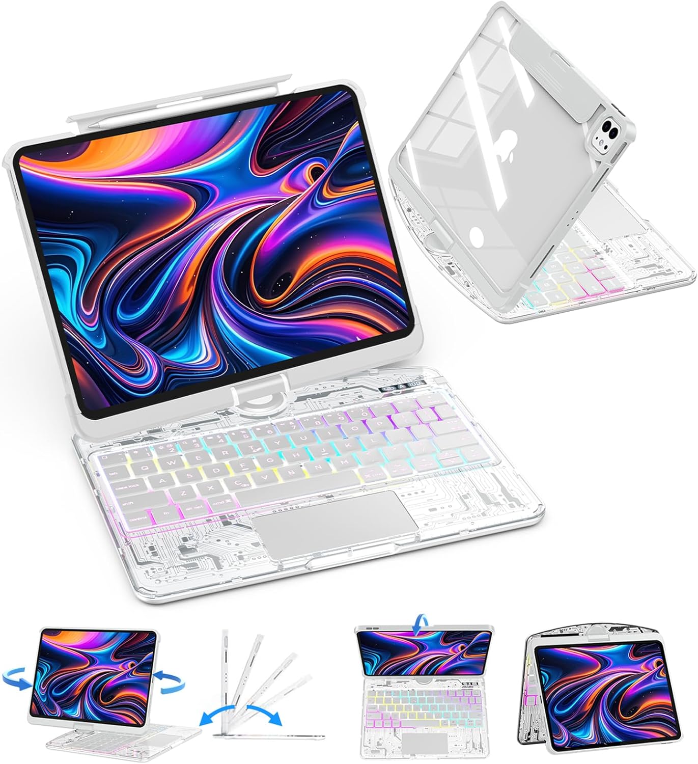 SIBEITU Keyboard Case for iPad Pro 13 Inch M5 2025 / M4 2024, Clear Wireless Keyboard iPad Pro 13inch Cover with Multi-Touch Trackpad, 7-Color Backlight & 3-Brightness, Visible PCB Tech Design, White