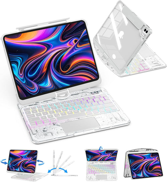 SIBEITU Keyboard Case for iPad Pro 13 Inch M5 2025 / M4 2024, Clear Wireless Keyboard iPad Pro 13inch Cover with Multi-Touch Trackpad, 7-Color Backlight & 3-Brightness, Visible PCB Tech Design, White