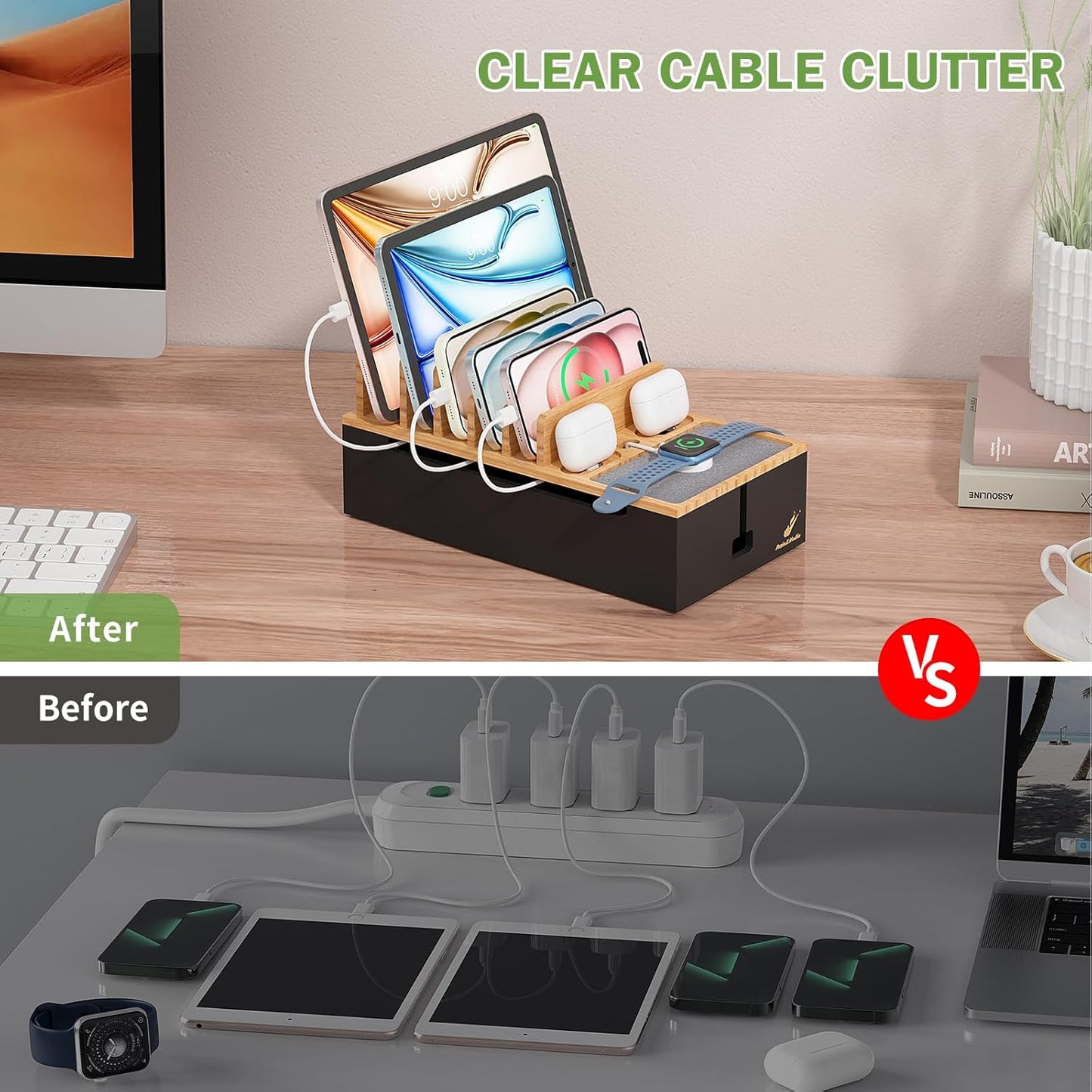Pezin & Hulin Cord Organizer Box, Surge Protector Organizer, Device Charger Station for Phones & Tablets, Wood Charging Dock -with 6 Wire Cables, BUT NO Power Supply - Natural + Black
