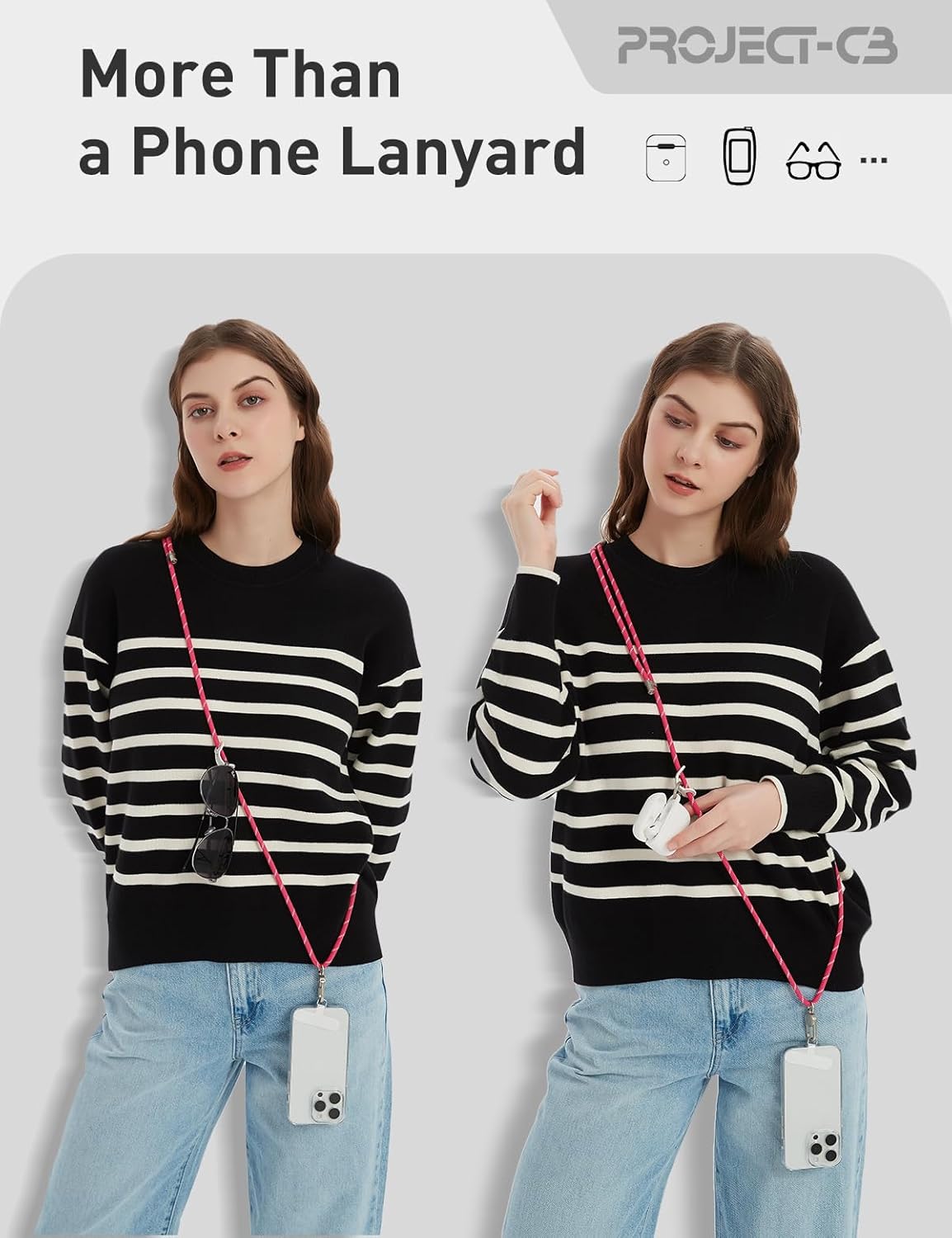 project-cb Cell Phone Lanyard 1,Phone Tether Tab 2,Crossbody Strap,Lanyards for Around the Neck,Adjustable Strap 80-160cm (Magenta-S)