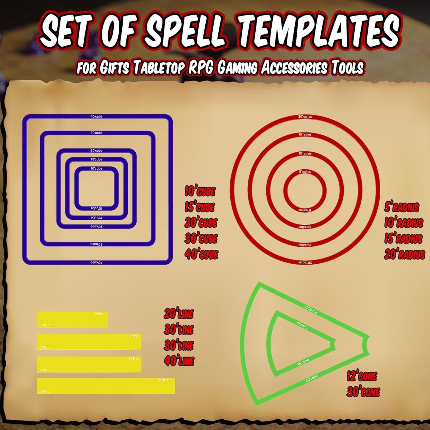 Sintuff 15 Pcs Spell AOE Damage Template Translucent Acrylic Area of Effect Spell Set Include 5 Cube 4 Circle 2 Cone 4 Line Templates for Gifts Tabletop RPG Gaming Accessories(Colorful)