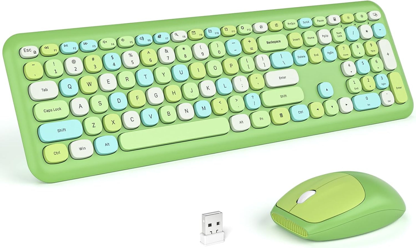 KNOWSQT Wireless Keyboard and Mouse Combo, Pale Green Full-Sized 2.4G Silent Keycap Colorful Keyboards, USB Dongle Plug Play, for Laptop, Windows, PC, Computer, Desktop