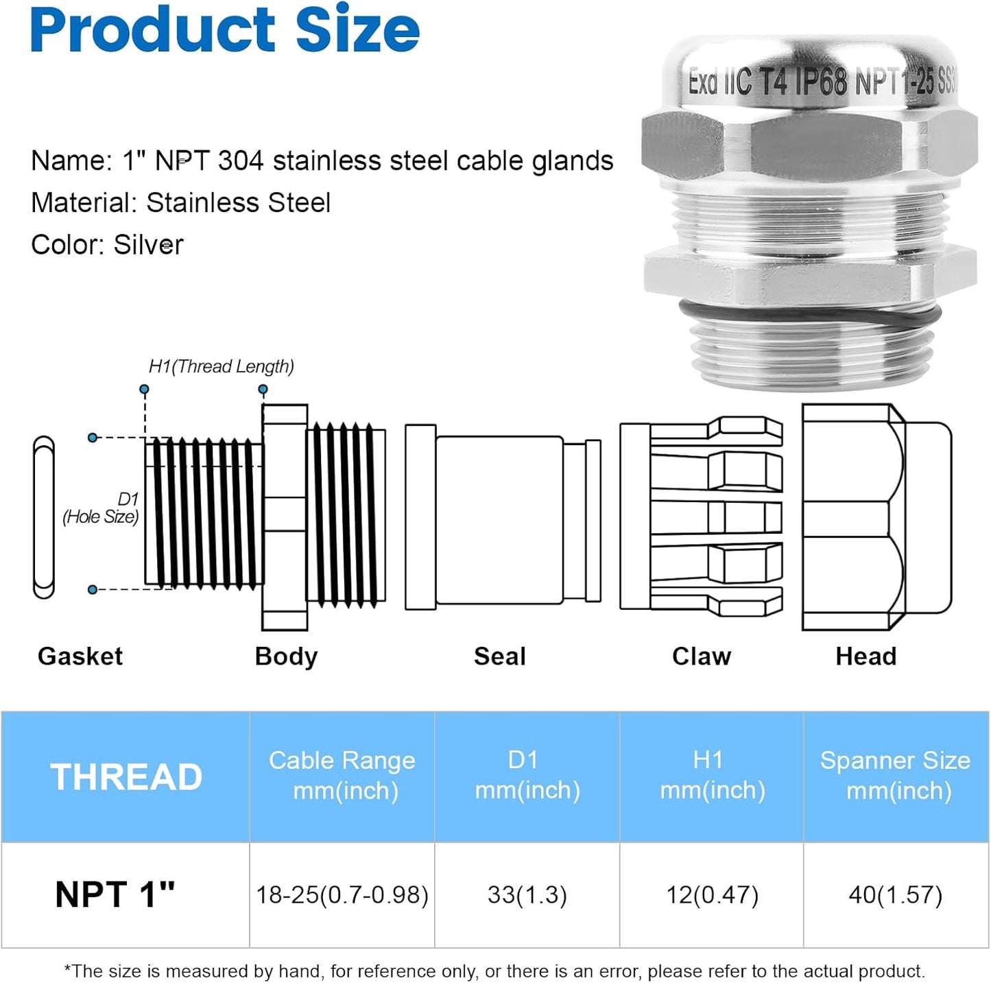 1" NPT Stainless Steel Waterproof Cable Gland, IP68 Waterproof Adjustable Cable Glands, Strain Relief Cord Grip Connectors with Gaskets and Locknut for 18-25mm Cable Diameter