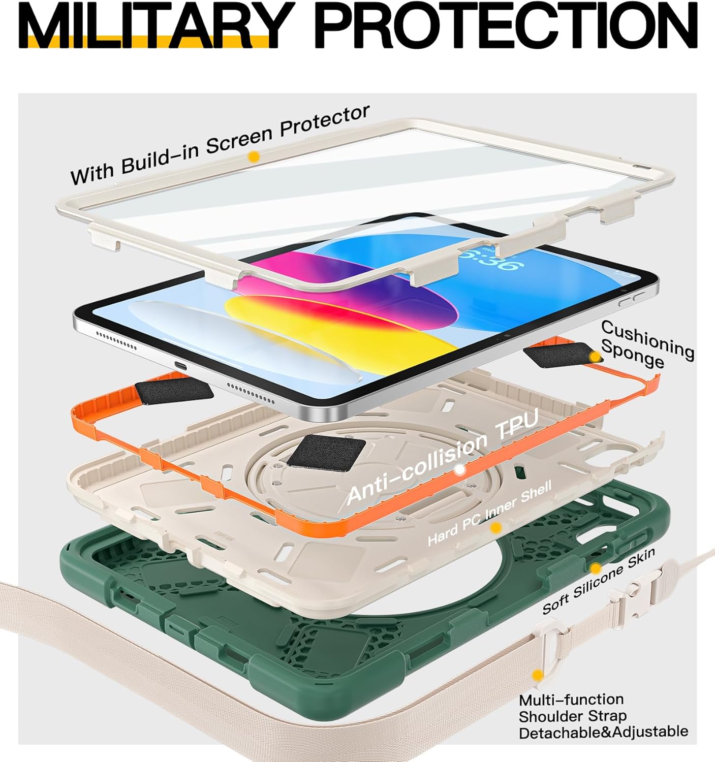 BRAECN for iPad (A16) 11th/10th Generation case 11/10.9 inch 2025/2022 Heavy Duty Shockproof Protective with Pencil Holder Screen Protector 360°Rotating Stand Handle & Shoulder Strap Full Body Cover