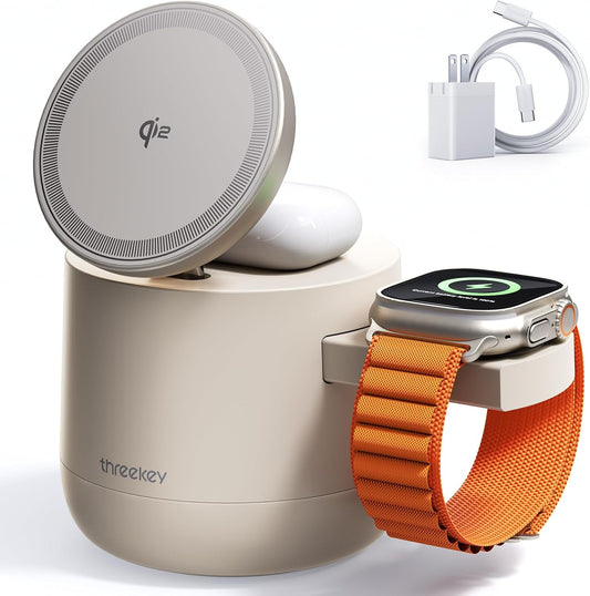 MFI Certified by Apple, 4 in 1 Magsafe Wireless Charging Station, Qi2 15W Magsafe Charger for iPhone 17/16/15/14/13/12 Series, iWatch, Airpods, iPad, 65W Charger Included (Sand, 3 in 1)