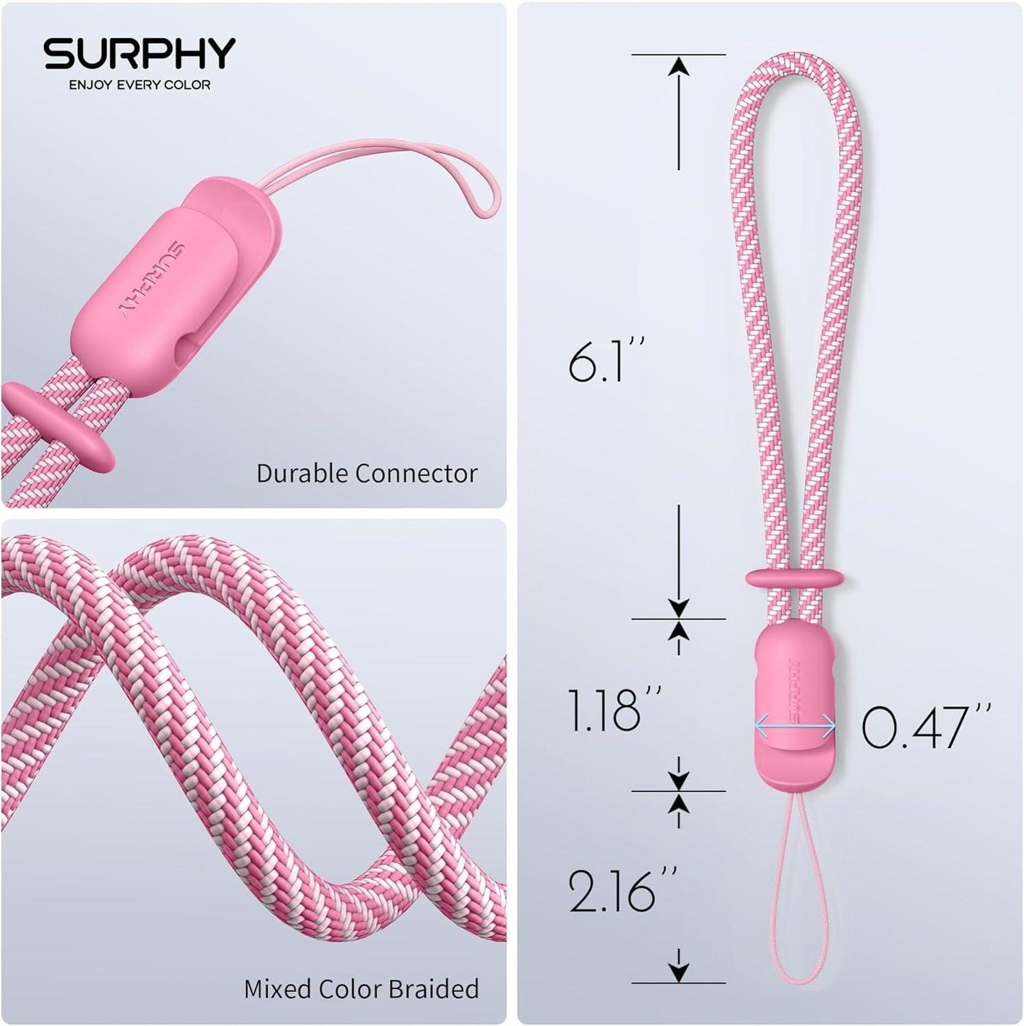 SURPHY 2 Pack Phone Lanyard for Cellphone Case, Phone Wrist Strap for Case, Cellphone Strap with 2-Color Braided, Charm Wrist Lanyard for Women and Men, Rose Pink & Gray