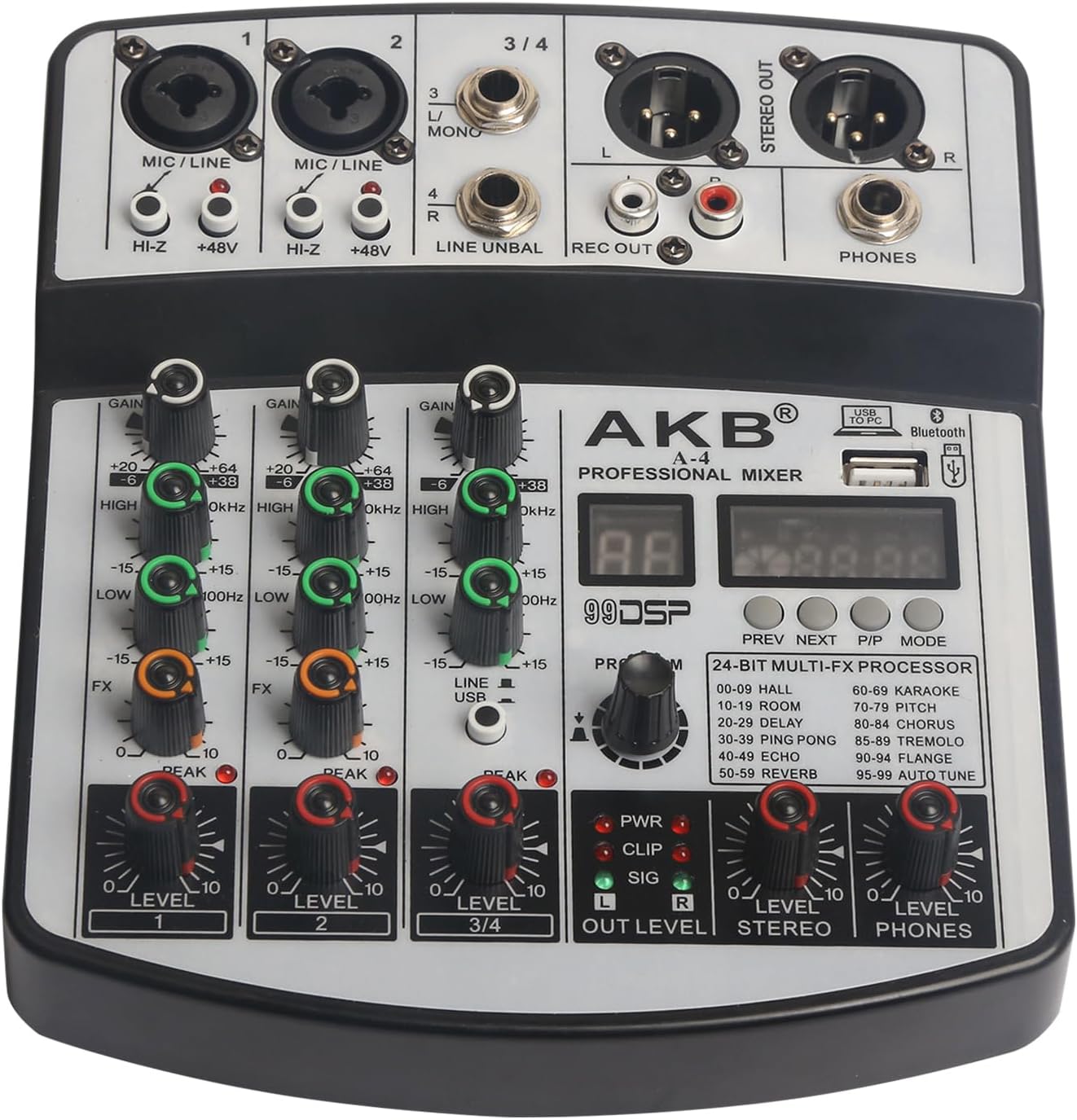 Dj Mixers 4 Channel Audio Mixer Sound Board with Bluetooth, Usb Audio Interface with 48V Phantom Power Sounds Mixer Board with 99 DSP FX Reverb Delay Effect