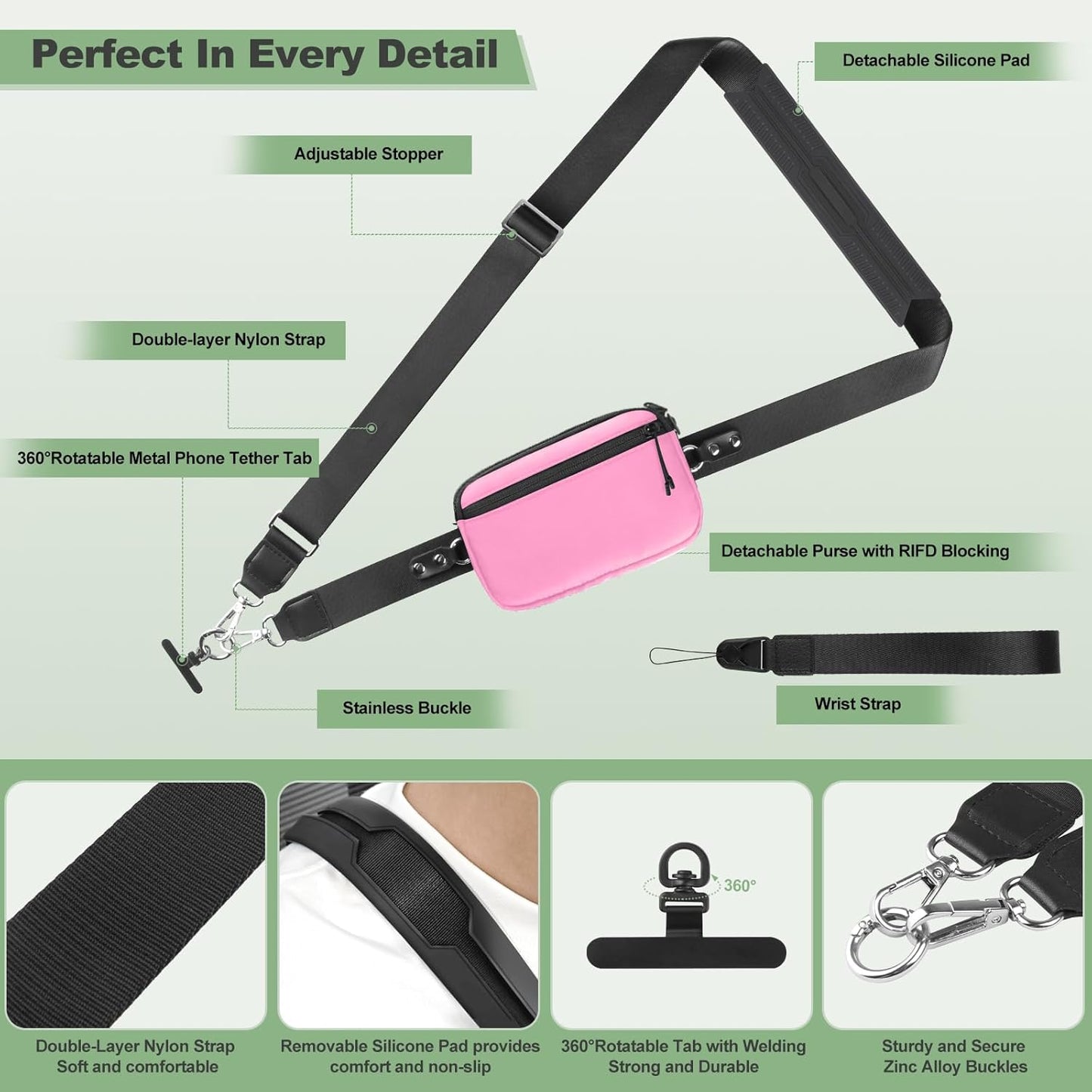 Clip and Go Strap for Phone with Wallet Crossbody, Adjustable Phone Lanyard with Detachable RFID Wristlet Wallet & Ultra-Thin 360° Rotatable Metal Tabs for All Smartphones (Pink)