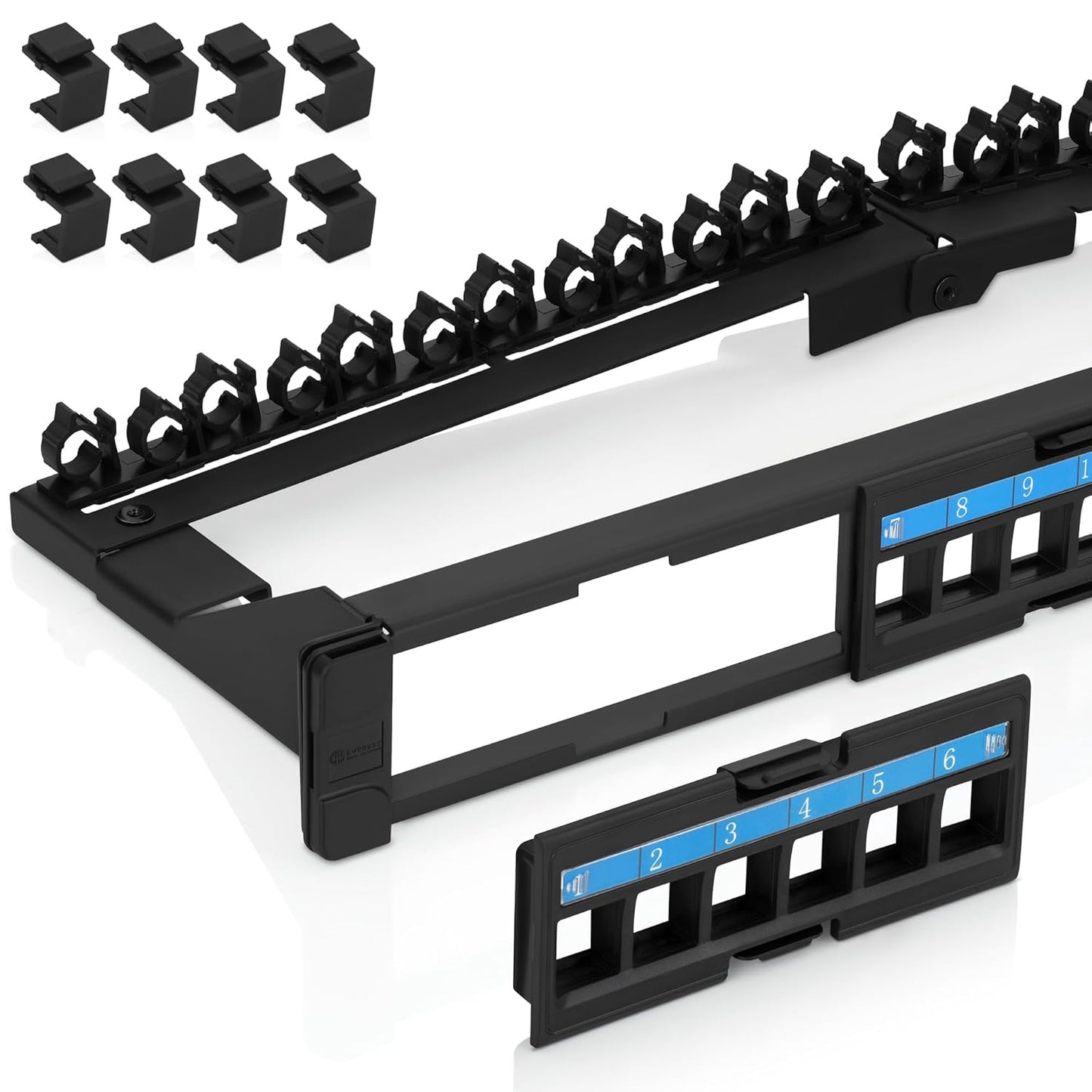 Everest 24 Port Keystone Patch Panel (1-Pack) - Removable 6-Port Panels - Use with Slim Profile Keystones ONLY (Wider Jacks May not fit Side by Side) - with Adjustable Rear Cable Management Bar