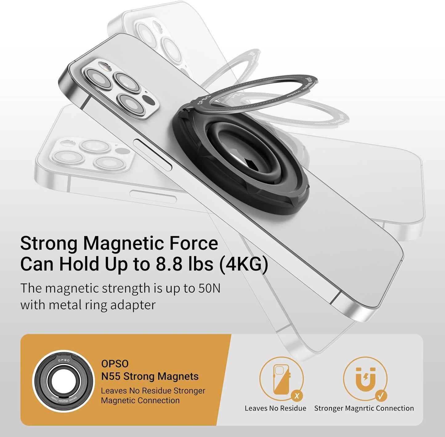 OPSO Magnetic Phone Ring Holder for MagSafe, 360 Degree Rotation Silicone Finger Ring Grip Stand Holder, Adjustable Kickstand, Compatible with iPhone 16 15 14 13 12/Pro/Max, Samsung and All Smartphone