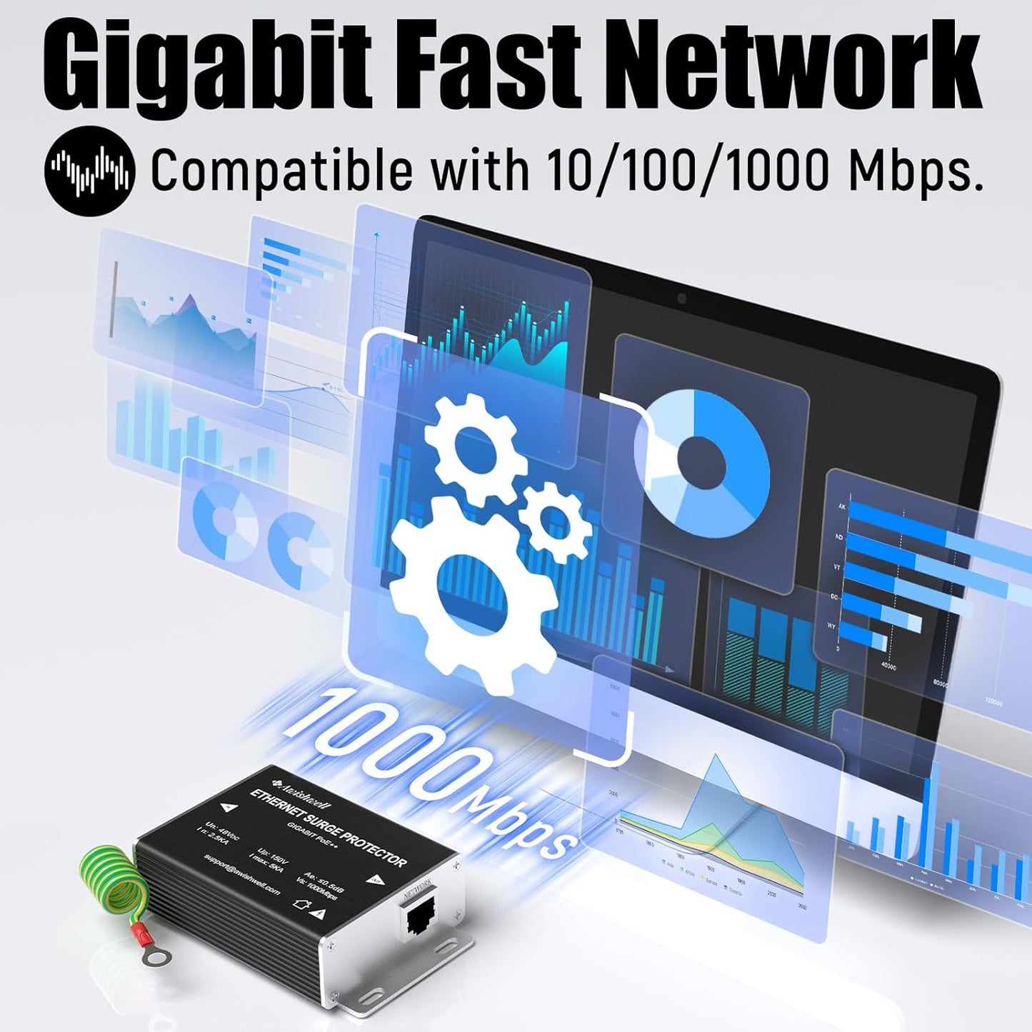 Ethernet Surge Protector Gigabit, Ethernet Lightning Arrestor PoE++ 802.3af/at/bt-RJ45 Lightning Suppressor-SPD with PTC/Gas Discharge Tube/Mounting Flange-1000Mbps,1Pack