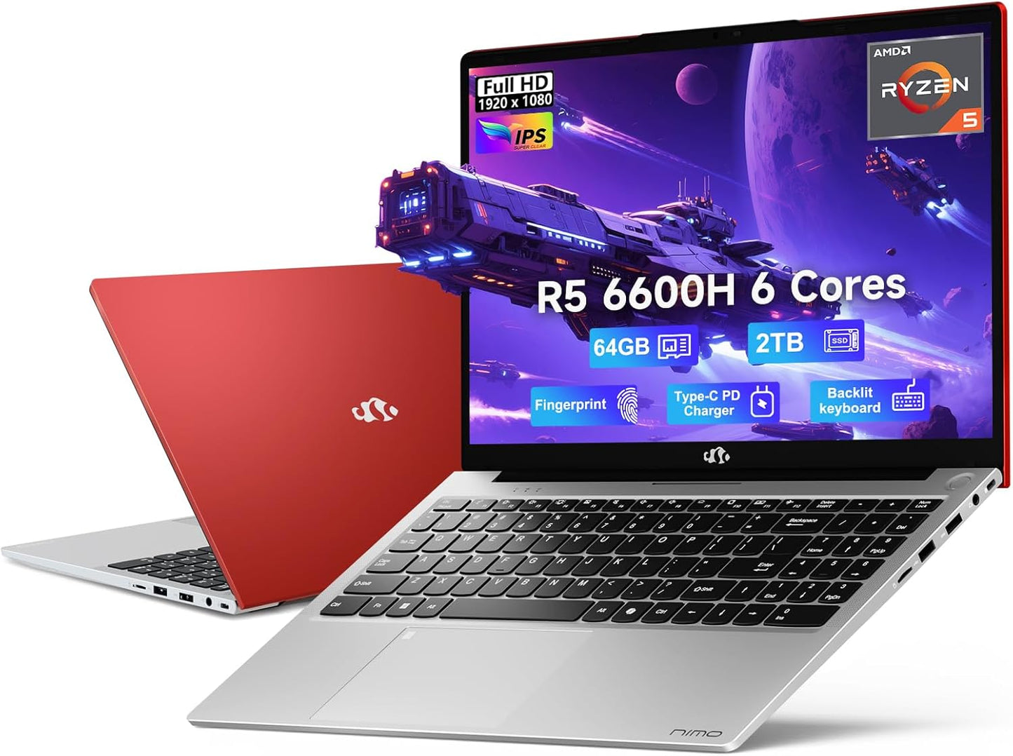 NIMO 15.6" IPS FHD-Gaming-Laptop, AMD Ryzen 5 6600H 6-Cores 660M GPU 64GB DDR5 RAM 2TB SSD(Beat i7-1165G7, Up to 4.5GHz) Computer with 100W GaN Type C Fingerprint Backlit Keyboard Win 11
