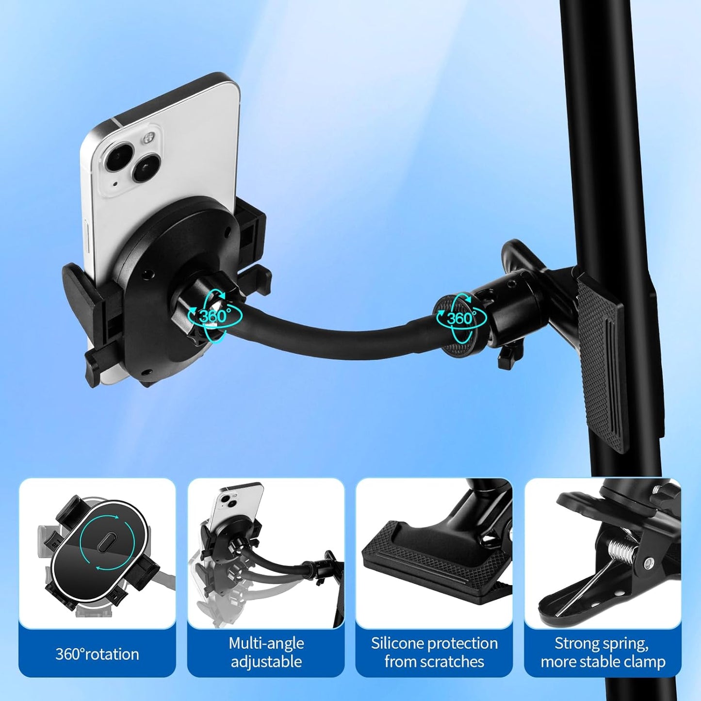 ROCKFREE Clip Phone Holder with 360° Gooseneck Arm & Auto-Locking Clamp,Short/Medium/Long Arm Options for Desk, Mic Stand, Table,Treadmill – Fits 4-7" Smartphones(Short-3.9 inch Arm)