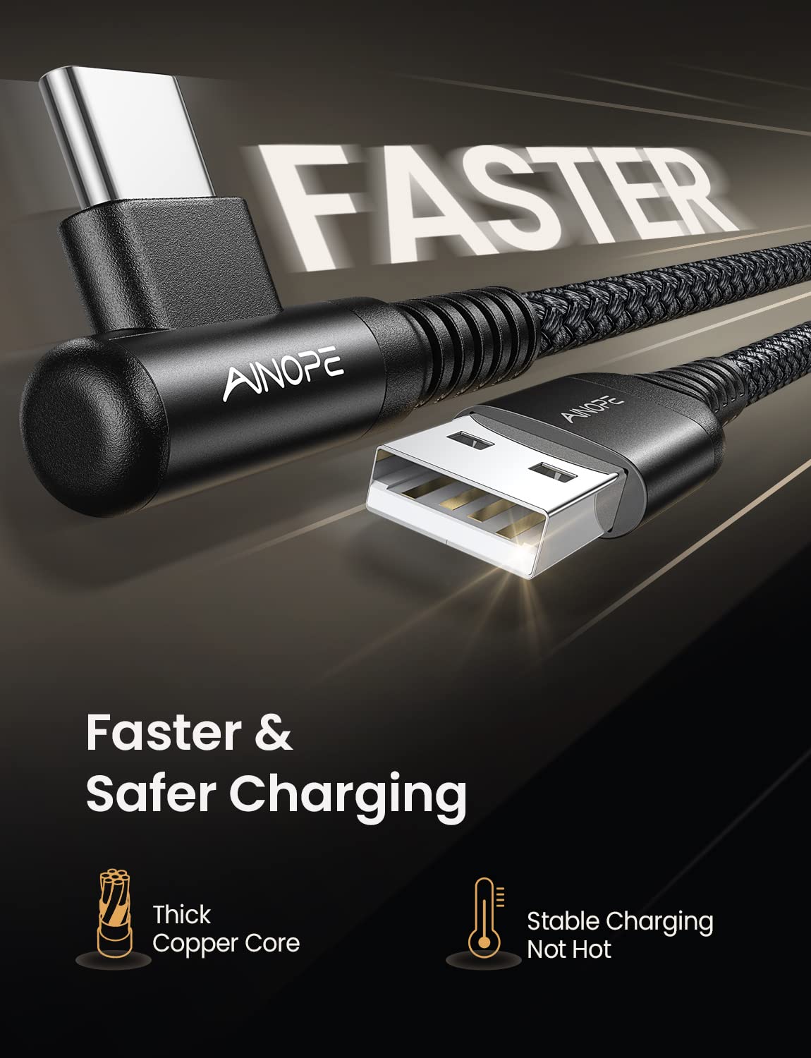 AINOPE Type C Charging Cable Fast Charge 3.1A Right Angle USB C Charger Cable, Resistant Nylon Braided USB C Cord -10ft/3m Black