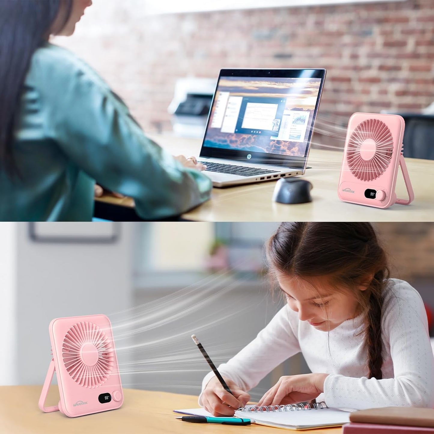 WHATOOK Small Desk Fan Personal Fans: 5000mah 25 Hours Battery Office Quiet Mini Desktop Fan Portable Rechargeable Travel Essentials (Pink, 5000)