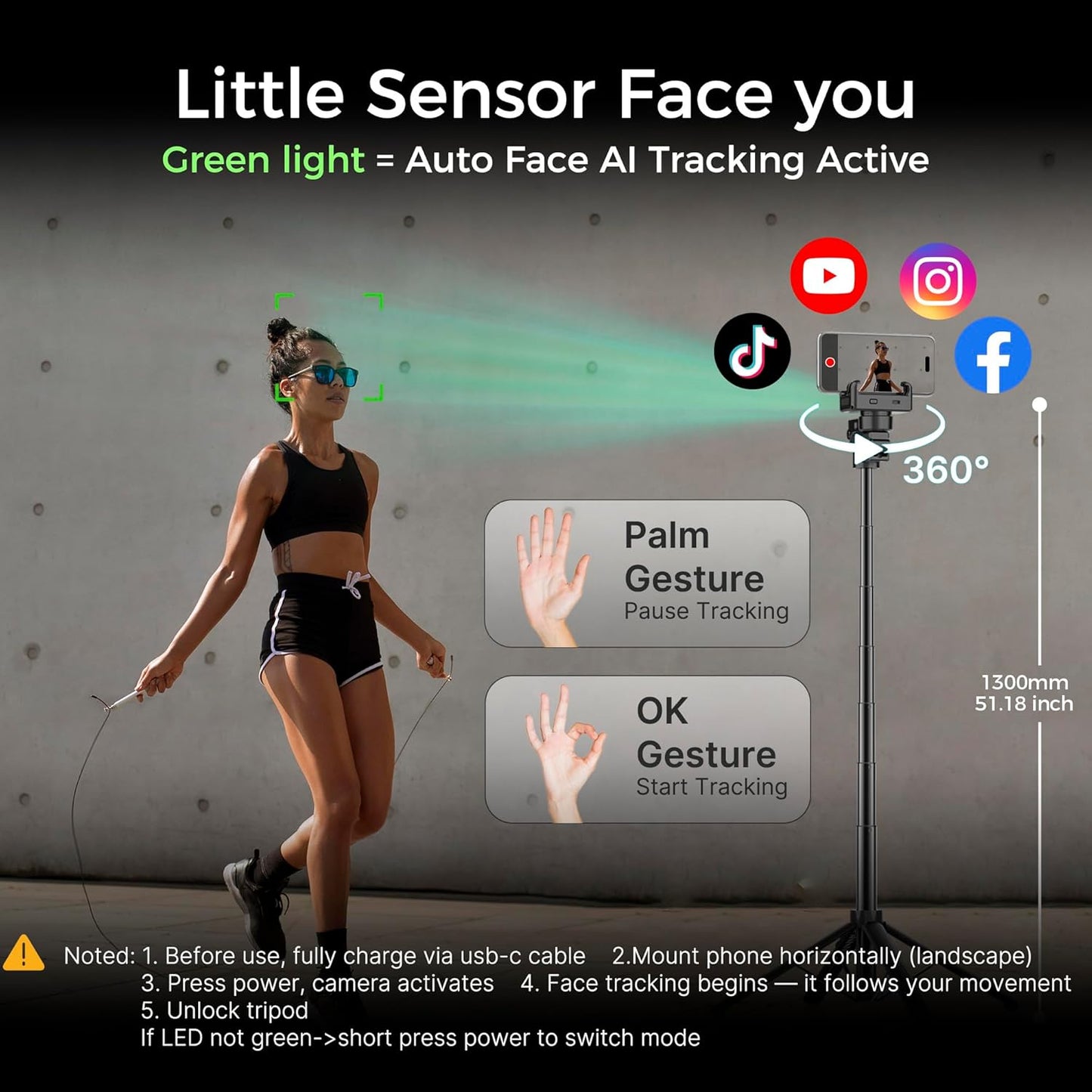 Auto Face Tracking Tripod & 360° Rotating Selfie Stick with Light, Smart AI Motion Sensor, Facial Recognition, 1-Axis Gimbal Stabilizer Phone Holder for iPhone/Android, TikTok Video Recording/Vlog