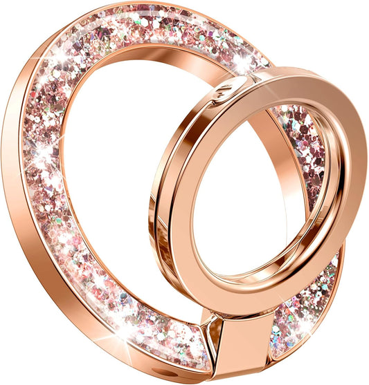 GVIEWIN Magnetic Phone Ring Holder, Compatible with MagSafe Phone Grip with Adjustable Stand, Magnet Phone Ring Kickstand for iPhone 16 Pro Max/Plus/15/14/13/12 Series/Other Phones, Glitter/Pink Gold