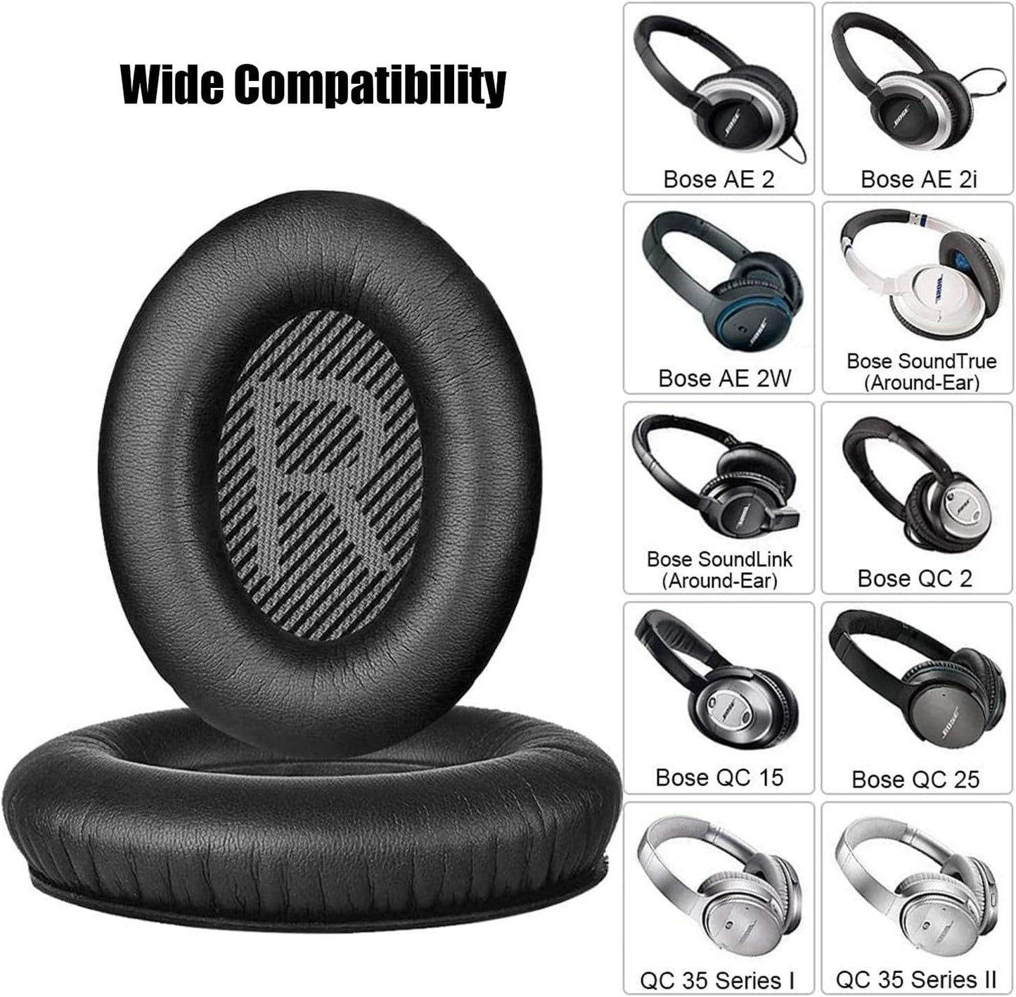 Replacement Earpads Cushions for Bose QuietComfort 35 ii/QC35/QC25/QC2/QC15/Ae2/Ae2i/Ae2w, Thickened Soundproof Sponge, Ear Pads with Softer Leather Ear Pads for Bose(Black)