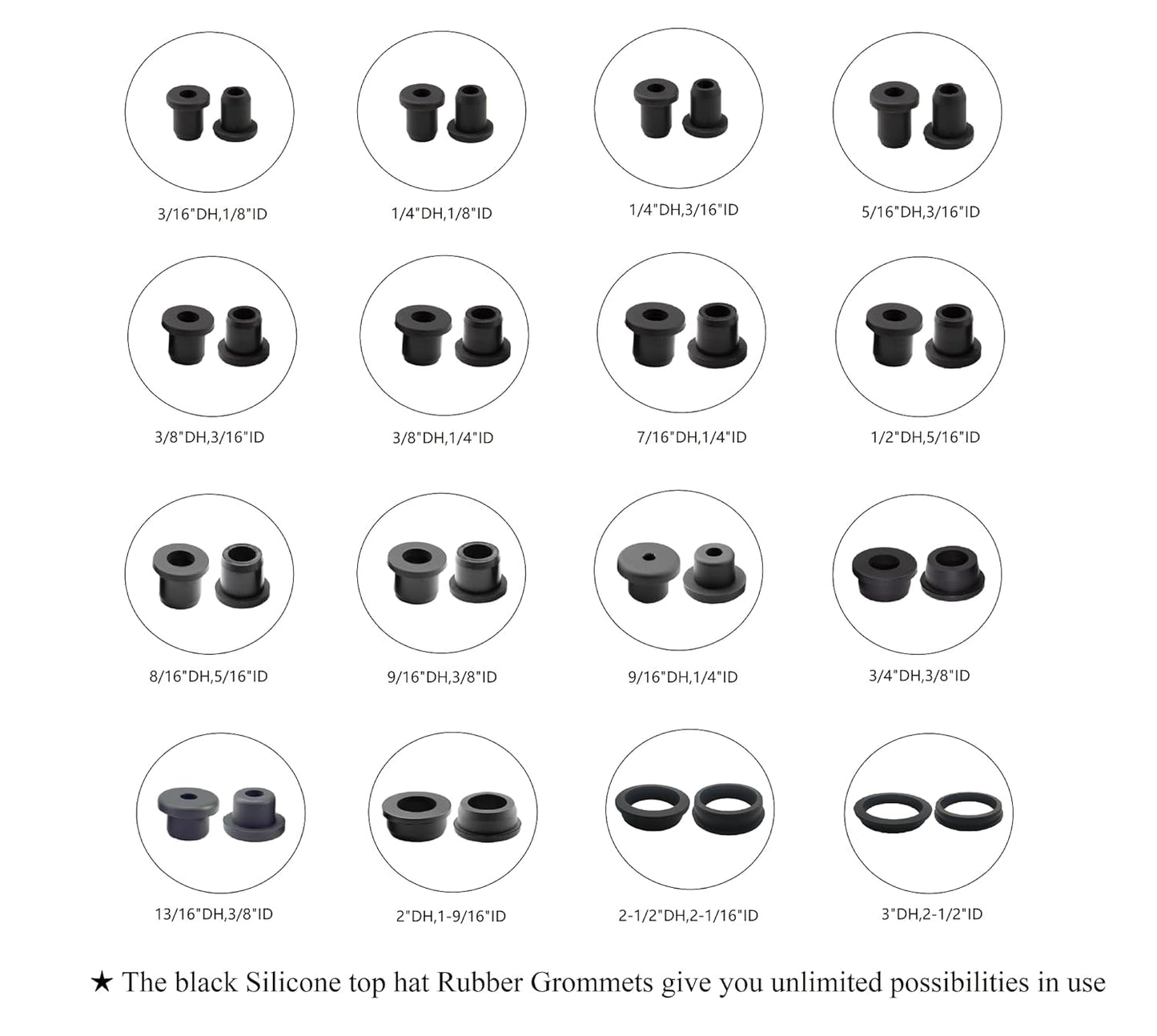5 pcs 2" Drill Hole，1-9/16"ID Black Silicone Top hat Rubber Grommets for Wiring，Automotive，Firewall，Hole Plug，Desk，Screw，Water and Gas Pipe，Drain，House Siding，Cable Bushing，Glass，Wire Plug