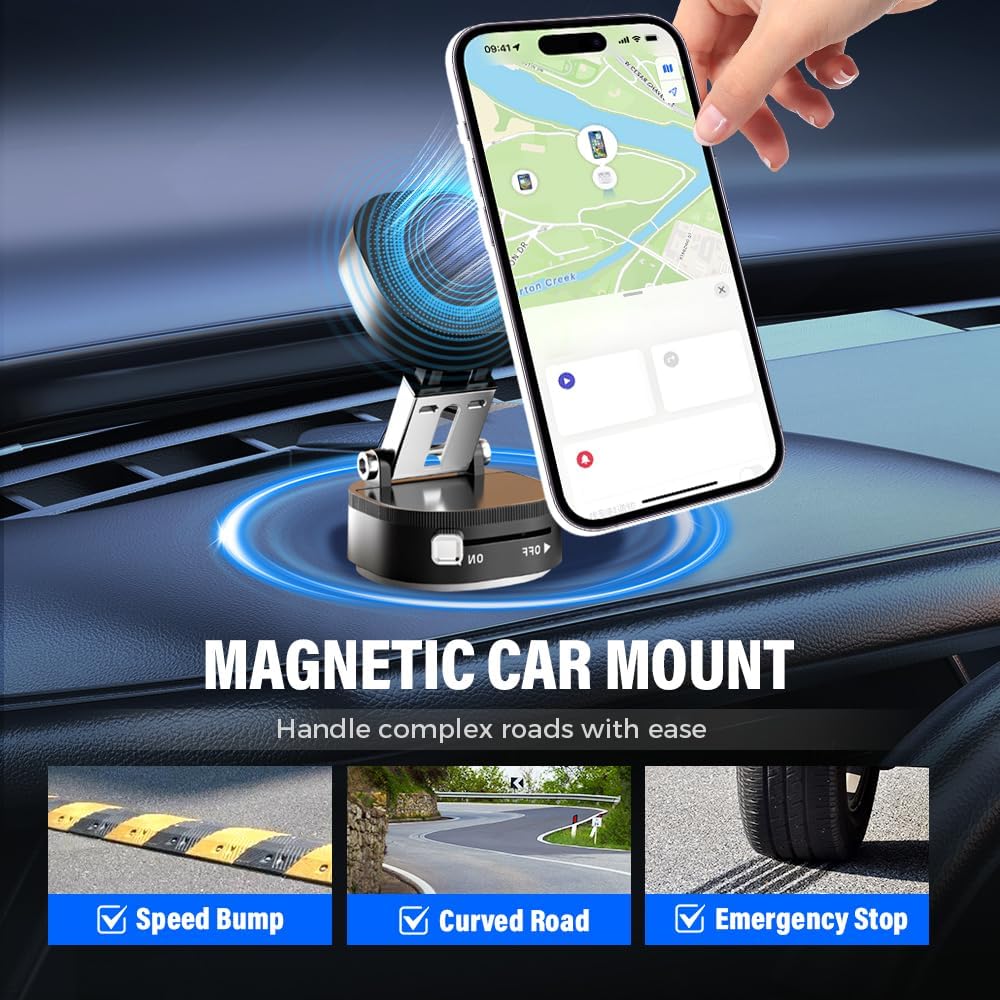 360° Adjustable Vacuum Magnetic Phone Holder, Foldable Magnetic Car Phone Holder for Your Car, Hands-Free Suction Cup Phone Mount for Car/Gym/Mirror/Smooth Surface for iPhone & Android (Black)