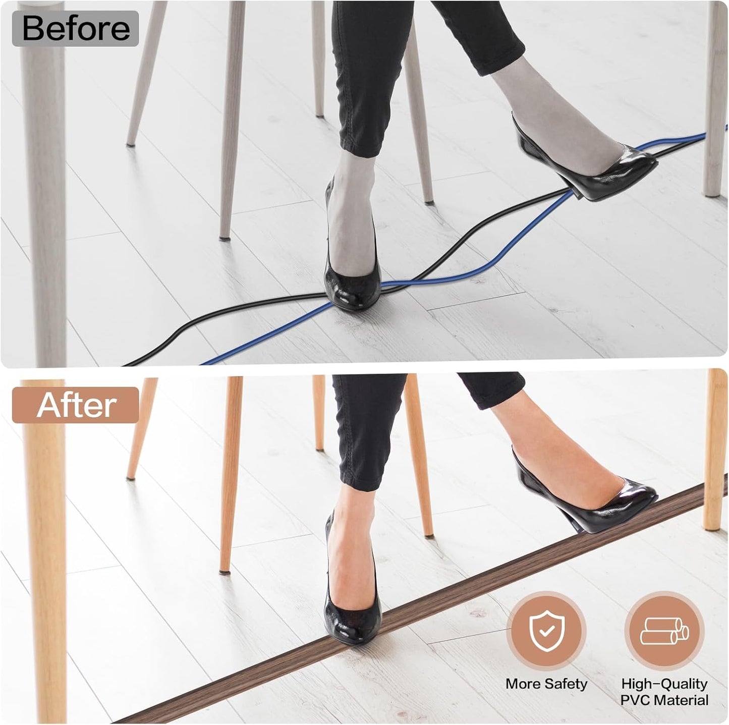 Floor Cord Cover Self Adhesive Cord Hider Floor Extension Cord Covers for Floor Power Cord Protector Cable Management Prevent Cable Trips Cable Cavity 0.51" W x 0.31" H (Smoked Brown Wood, 10Ft)