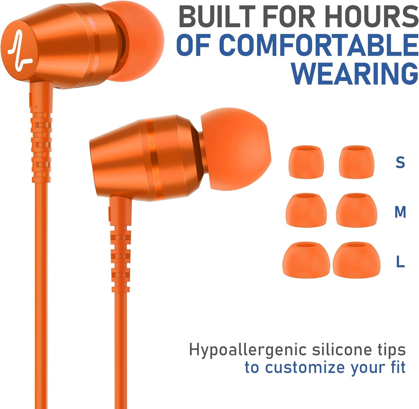 LUDOS OMNITONE Wired Earbuds in-Ear Headphones, 5 Years Warranty, Earphones with Microphone, 3.5 mm Jack Corded Ear Buds, Videoconference for iPhone, Samsung, Laptop, Kids, School Students - Orange