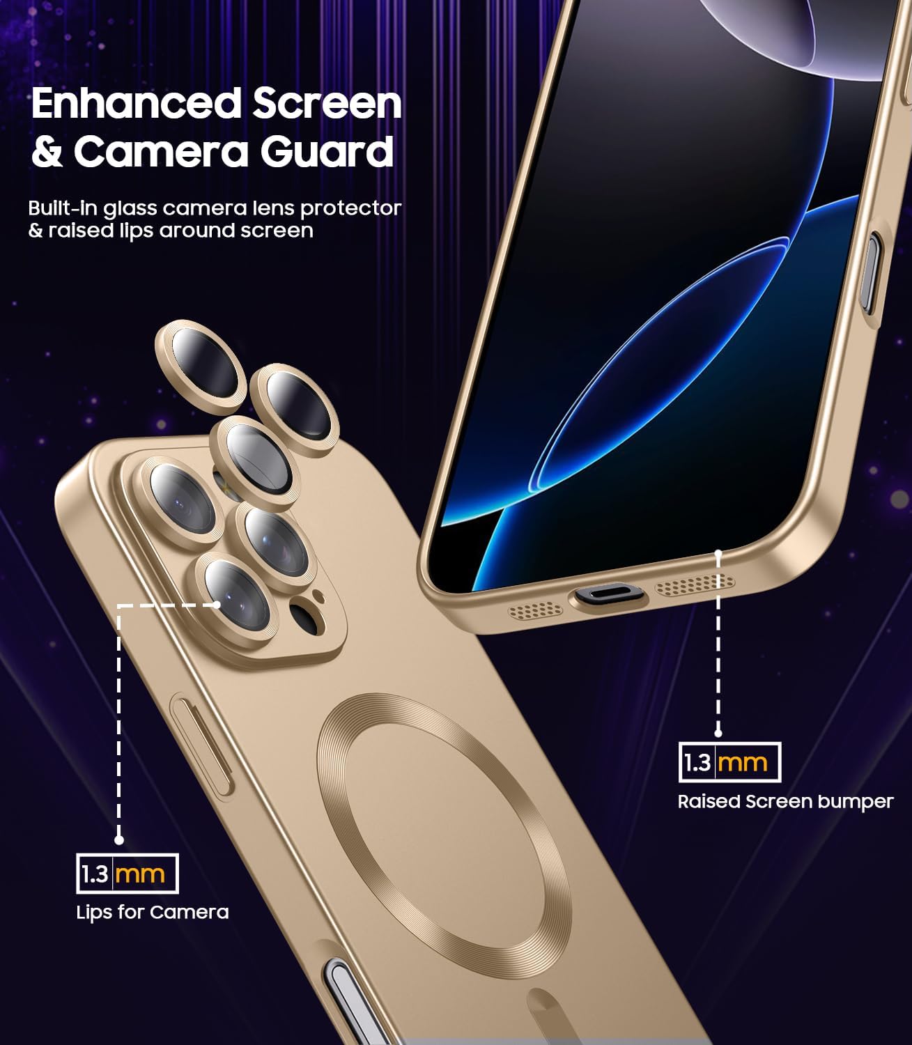 Magnetic for iPhone 16 Pro Case [Compatible with MagSafe][Built-in Camera Lens Protector] Slim Soft Silicone Bumper Shockproof Metallic Luster Phone Case (Gold)