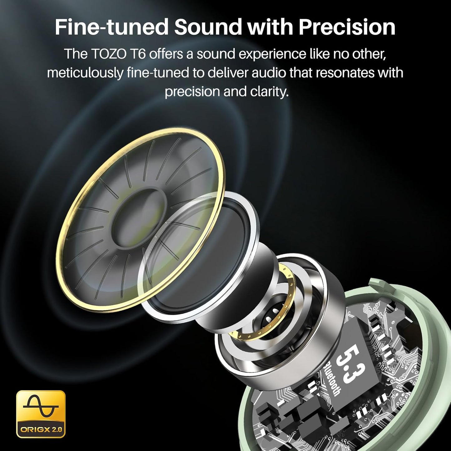 TOZO T6 Wireless Earbuds, Bluetooth 5.3 Ear Buds, Stereo Sound in Ear Headphones, 50 Hours Playtime, Wireless Charging Case, APP Customizable EQs, IPX8 Waterproof Earphones