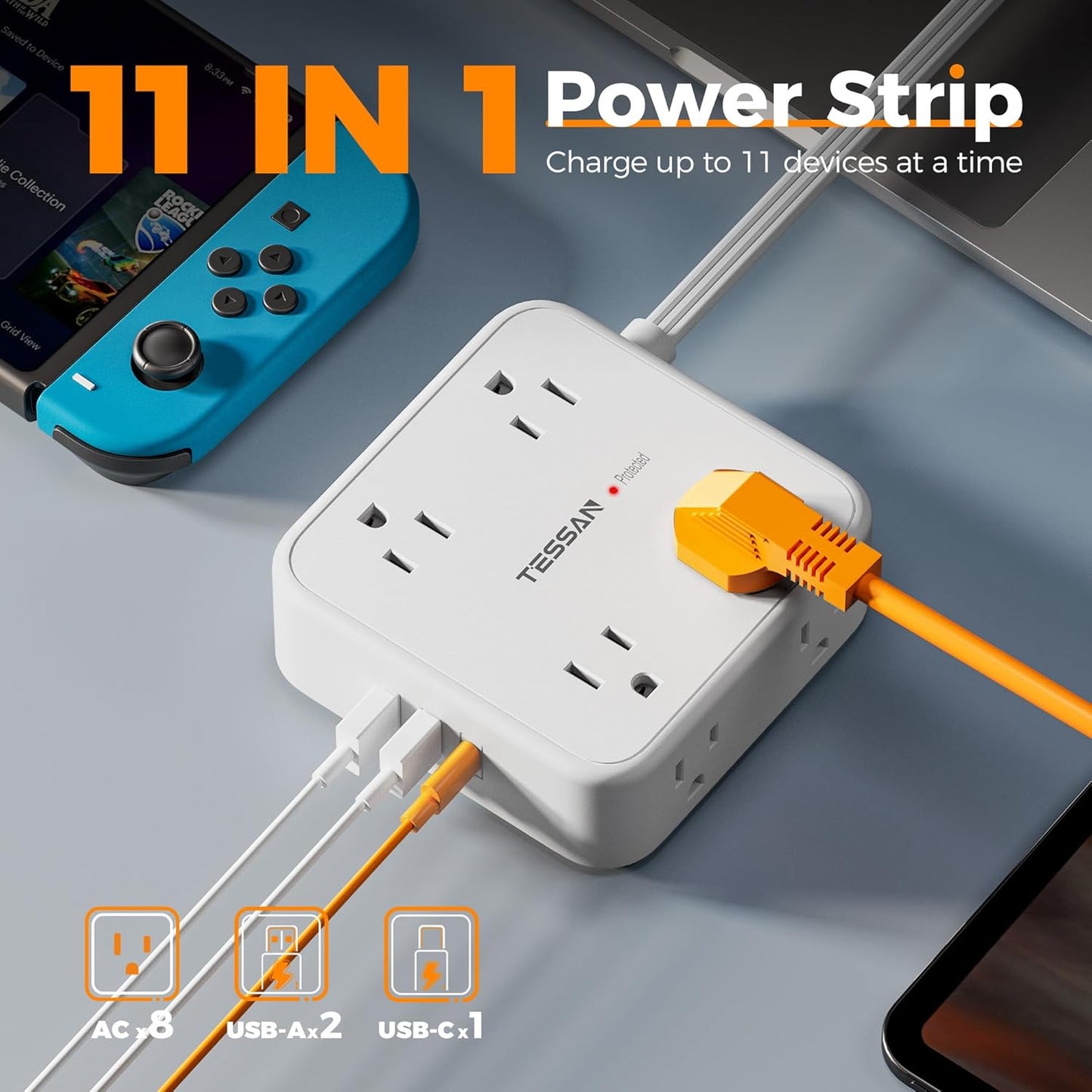 Surge Protector Power Strip, TESSAN 15 FT White Extension Cord Flat Plug with 8 AC Outlets 3 USB Ports (1 USB C), 900J Surge Protection, 3 Sided Wall Mountable Outlet Extender for Office Dorm Room