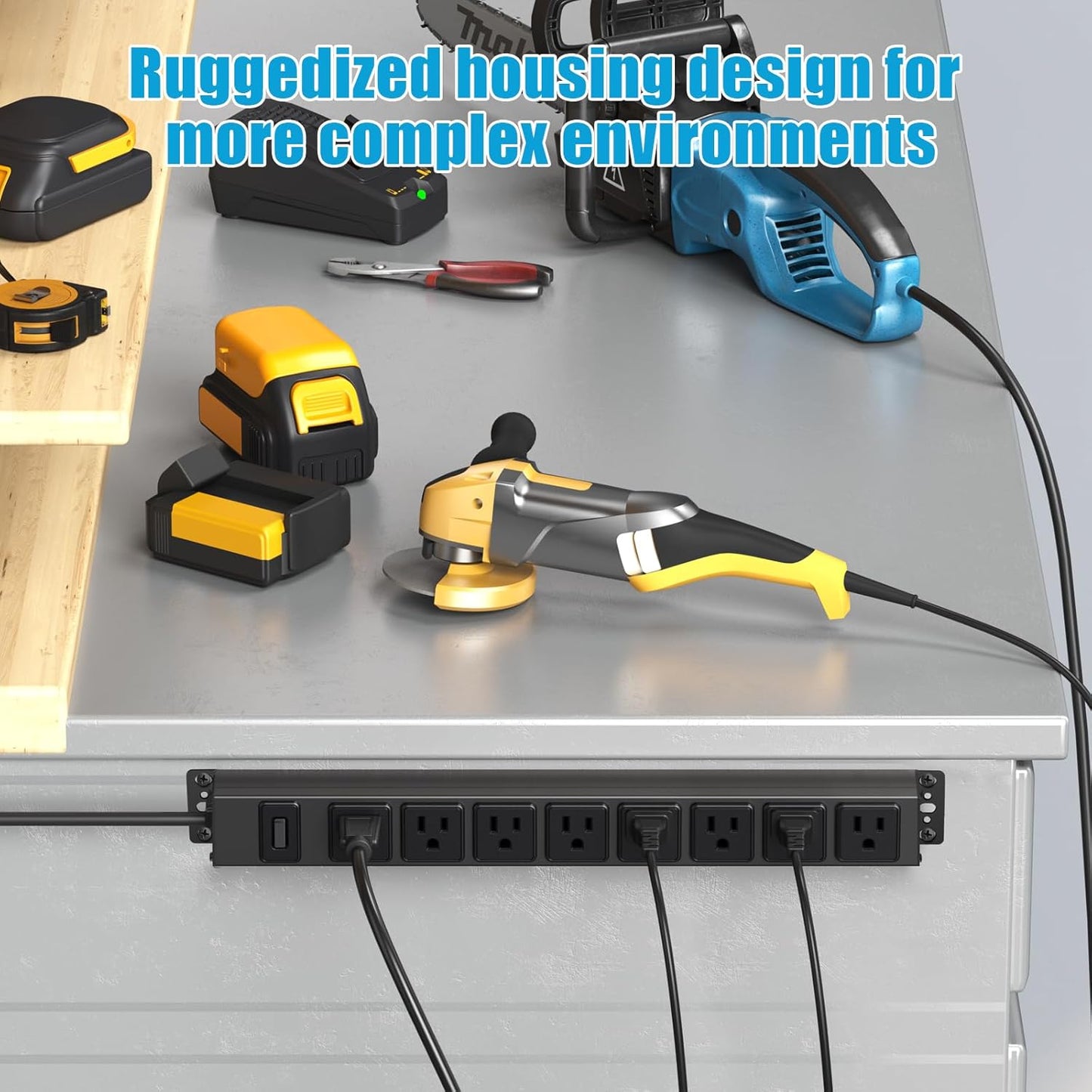 HHSOET Magnetic Mount Power Strip, 8 Outlet Mountable Socket, Metal Heavy Duty Surge Protector, Gaming Table Outlet, Easy to Fix Without Drilling or Taping, 10FT Extension Cord.(Black)