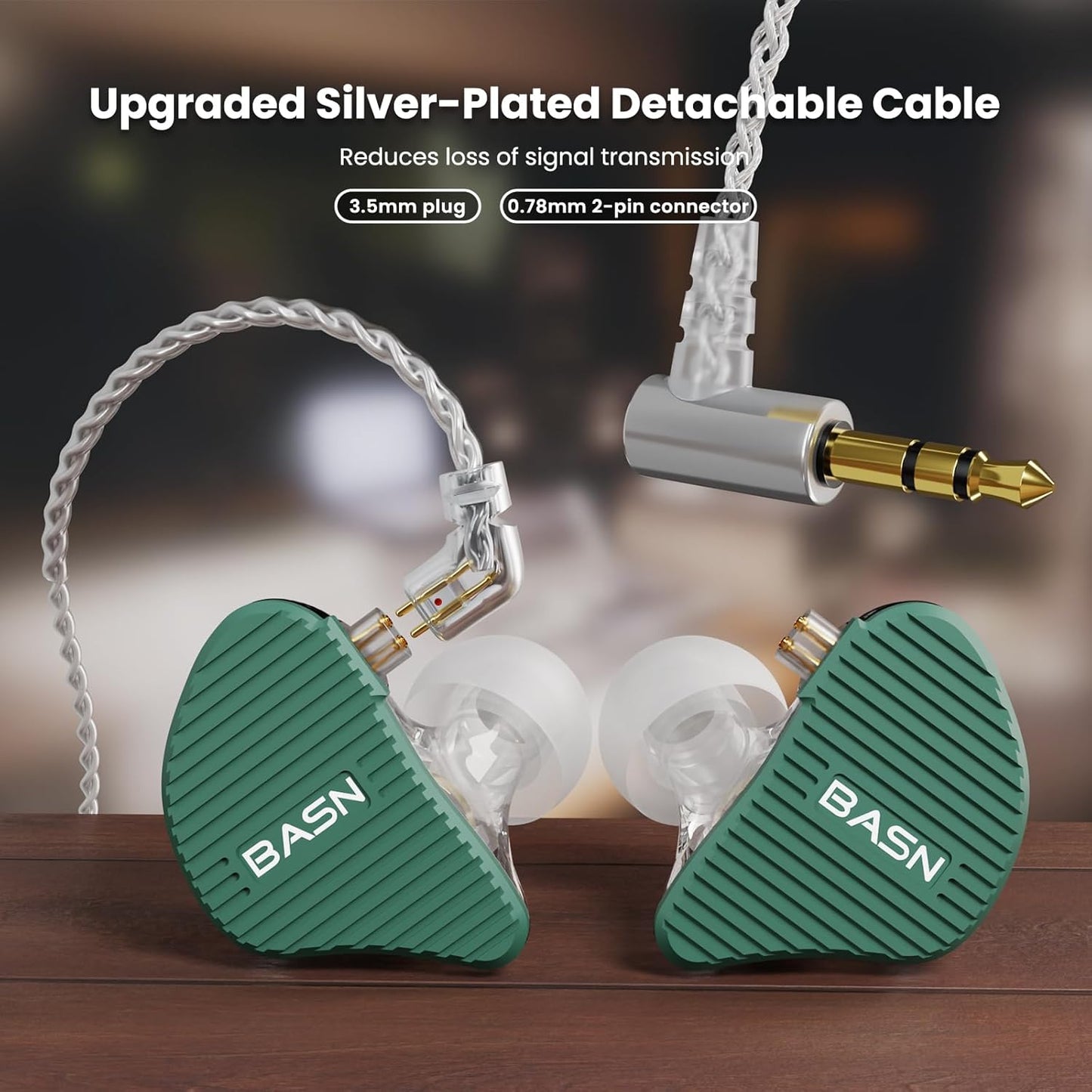 BASN Mix-PD in Ear Monitor,1Planar Driver + 1Dynamic Driver HiFi IEM Earphones with CNC Crafted Metal Cover, Wired 0.78mm 2-Pin Silver Plated Detachable Cable for Musicians (Green)