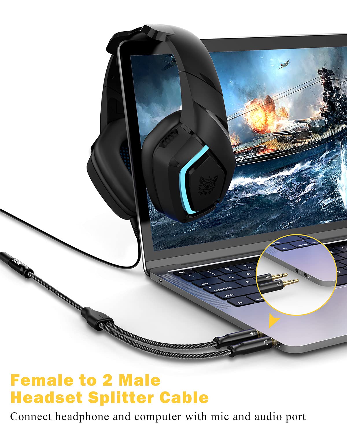 3.5mm Headset Splitter for PC 2 Pack, Crystal-Nylon Braid Female to Dual 3.5mm TRS Male Headphone Mic Splitter Audio Y Cable, CTIA Gaming Headset to PC Adapter - Matte Black 0.3M…
