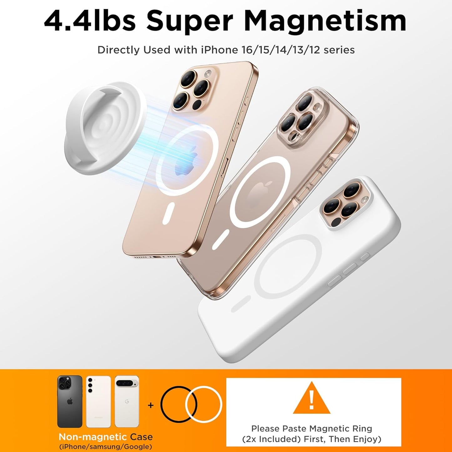Magnetic Phone Ring Grip Holder, Silicone Finger Loop Grip, Compatible with MasSafe, Back of Phone for iPhone Pro Max/Plus/16/15/15/14/13/12 Series, White