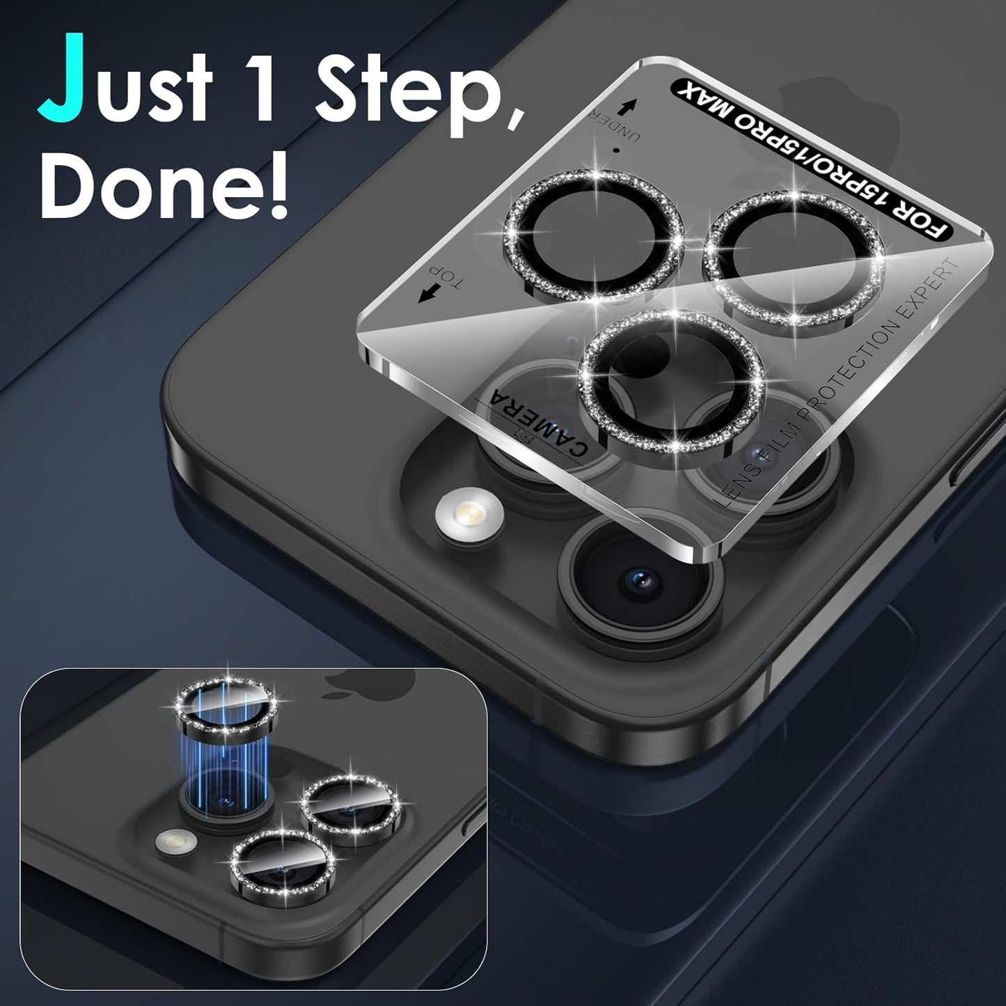 YWXTW Designed for iPhone 15 Pro/iPhone 15 Pro Max Camera Lens Protector Bling, [New Glitter Design] Individual Metal Tempered Glass Camera Cover Accessories Case Friendly (Black Titanium Glitter)