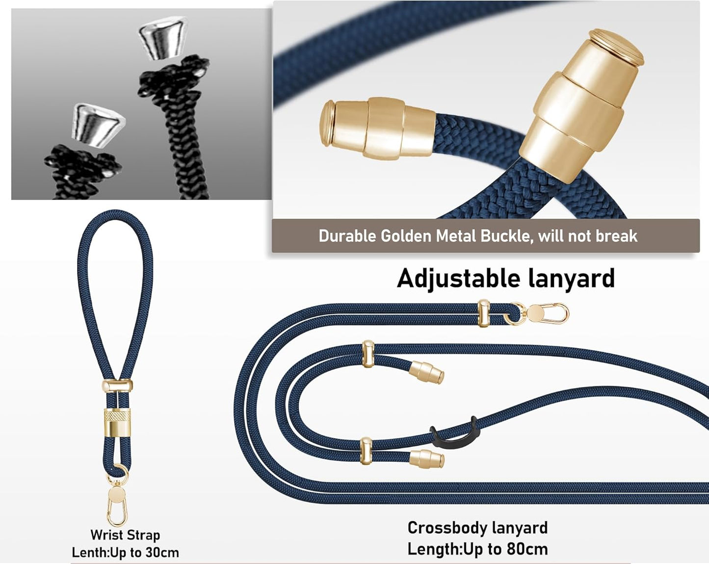 Cell Phone Lanyard Adjustable Crossbody Phone Lanyard *1 Phone Wrist Strap *1 with Deluxe Gold Matal Buckle + Clear Tether Tabs *2 for Shopping Travelling Hiking(Dark Blue)