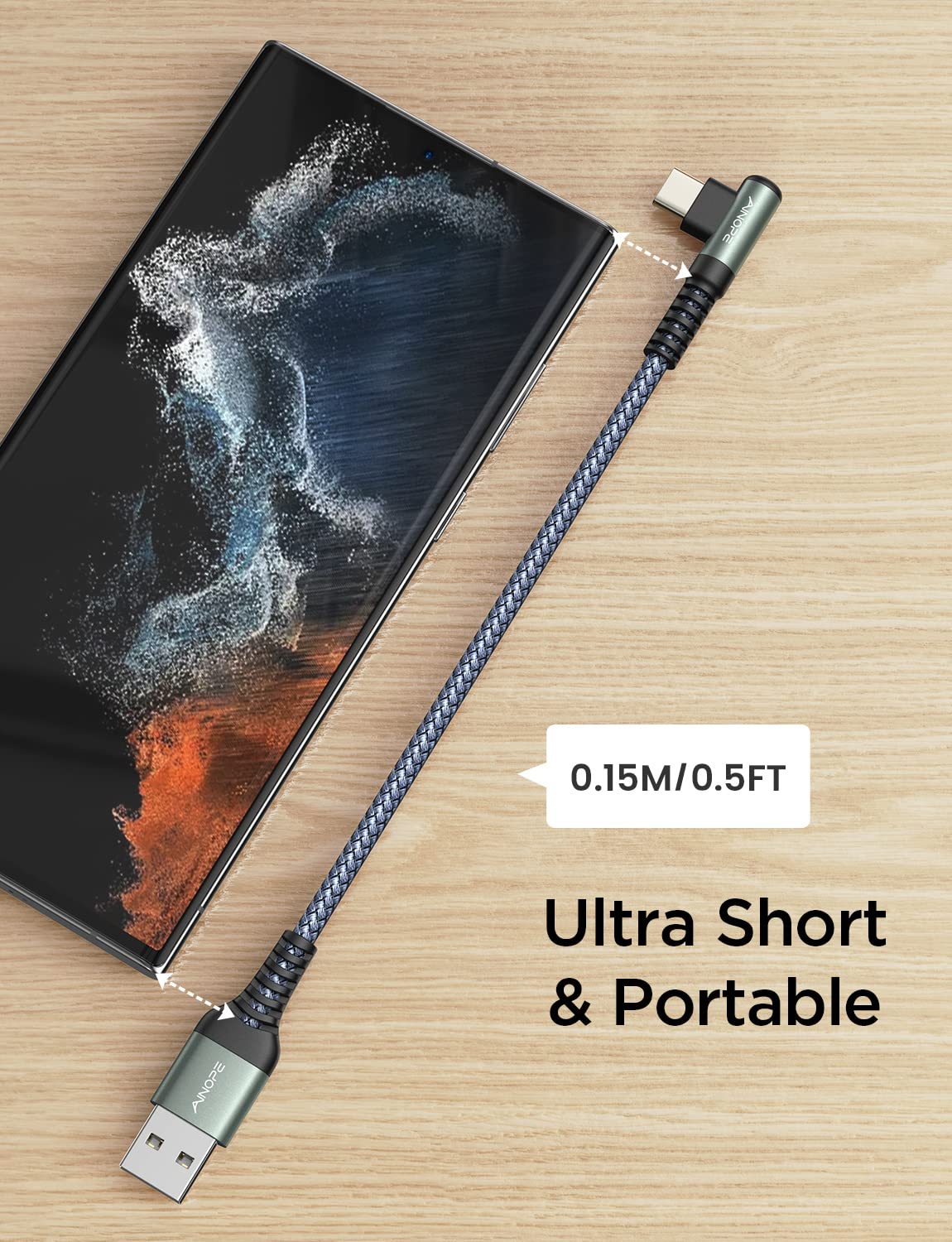 AINOPE 2-Pack 0.5ft USB C Cable, 3.1A Fast Charging, Right Angle, Durable Nylon Braided, Compatible with Galaxy S22 S21 Plus S20, Note 10 9 LG, Type C Charger