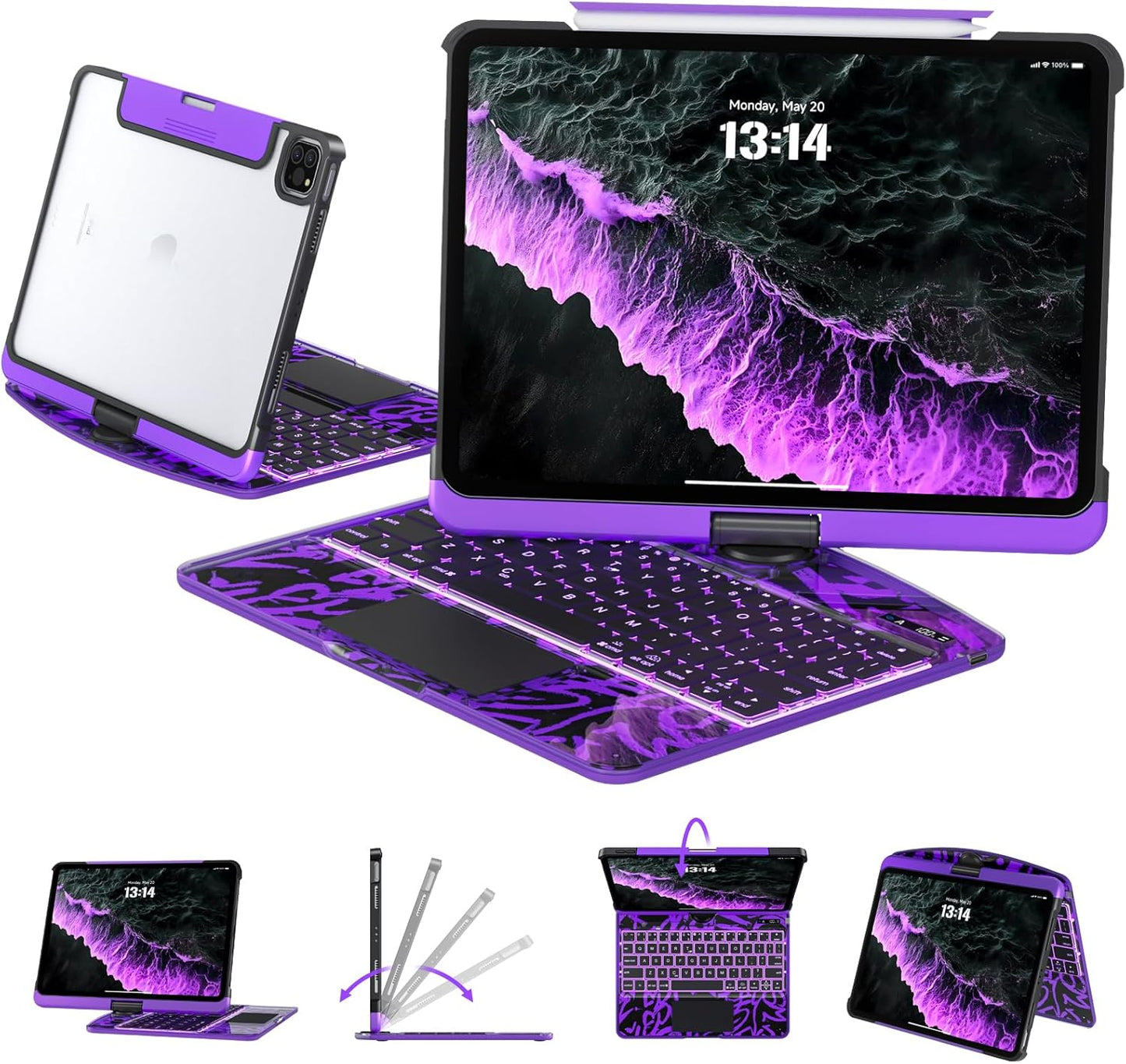 Transparent Case with Keyboard for iPad 9th (7th, 8th, and 9th Gen)10.2 Inch ,with 7-Color Backlit Wireless Keyboard,360°Rotatable Protective Case Multi-Touch Trackpad,with Pencil Holder,Purple