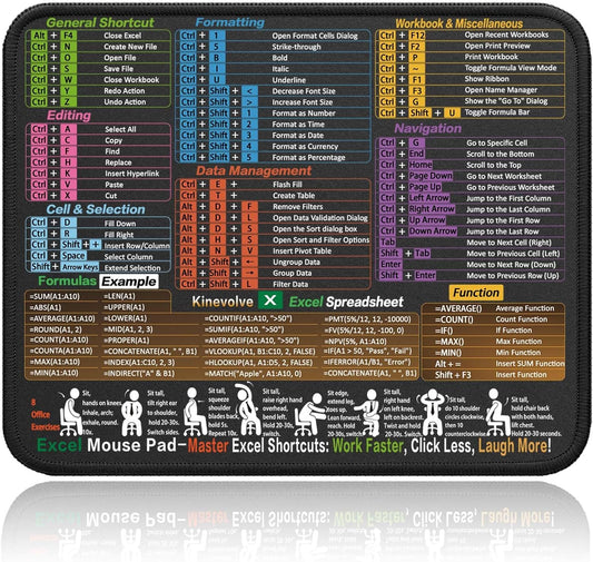 Mouse Pad for Excel Shortcuts – Small Excel Spreadsheet Cheat Sheet Desk Pad – 11.8"x9.8" Portable Computer Mousepad – Gaming, Office, Waterproof, Non-Slip, Stitched Edges