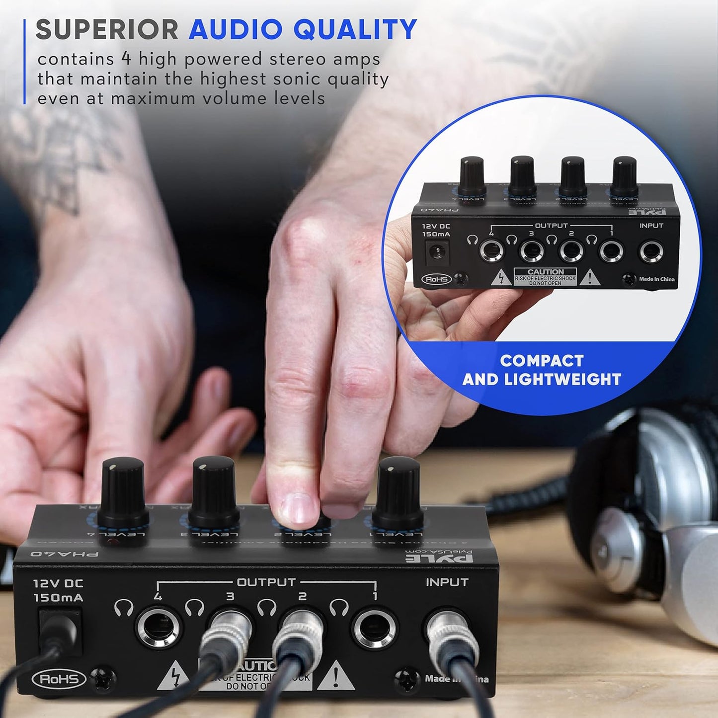 Pyle 4-Channel Portable Stereo Headphone Amplifier - Professional Multi Channel Mini Earphone Splitter Amp w/ 4 ¼” Balanced TRS Headphones Output Jack and 1/4" TRS Audio Input For Sound Mixer